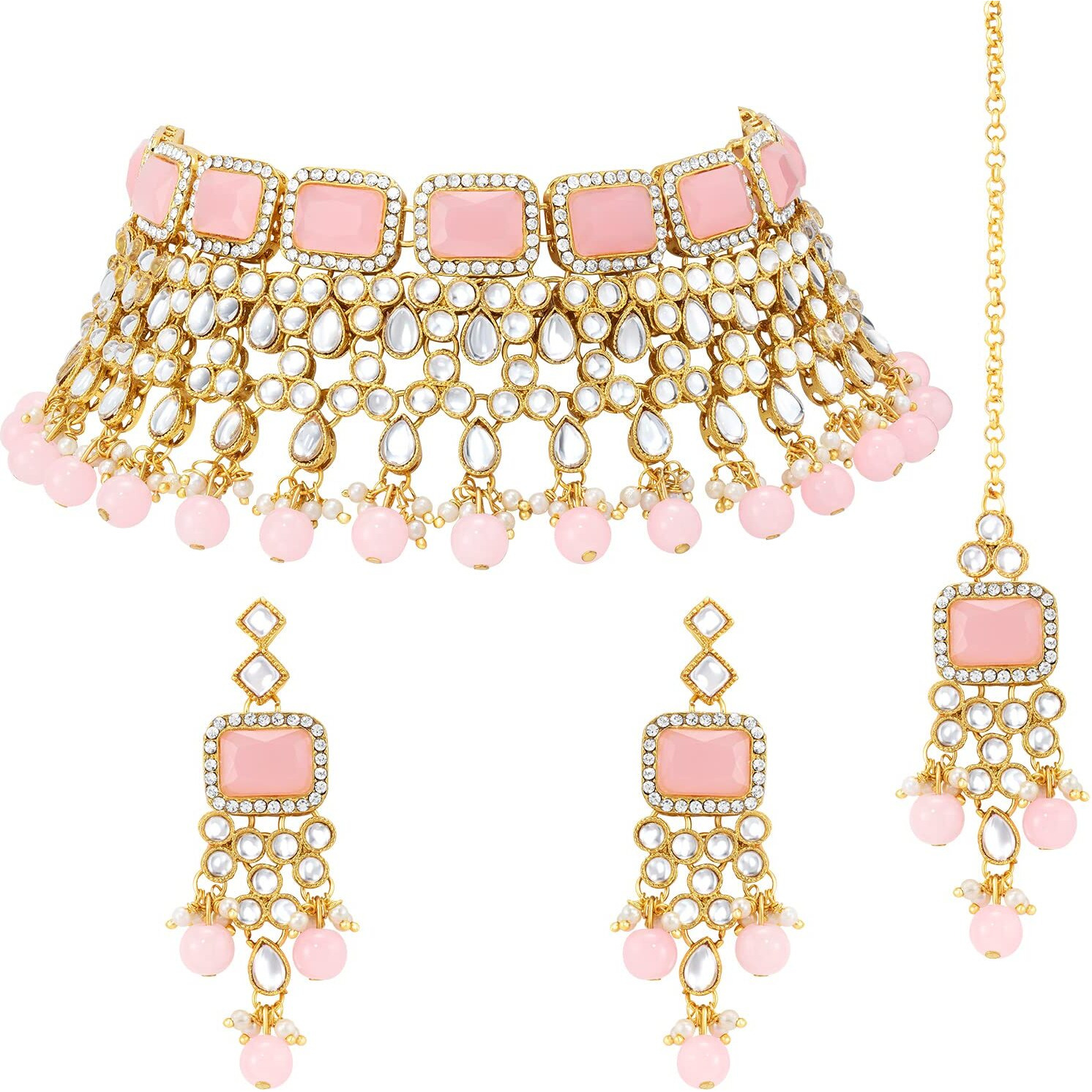 Peora Traditional Gold Plated Pink Kundan Choker Necklace Dangle Earring & Maang Tikka Ethnic Jewellery Set Gift for Women & Girls