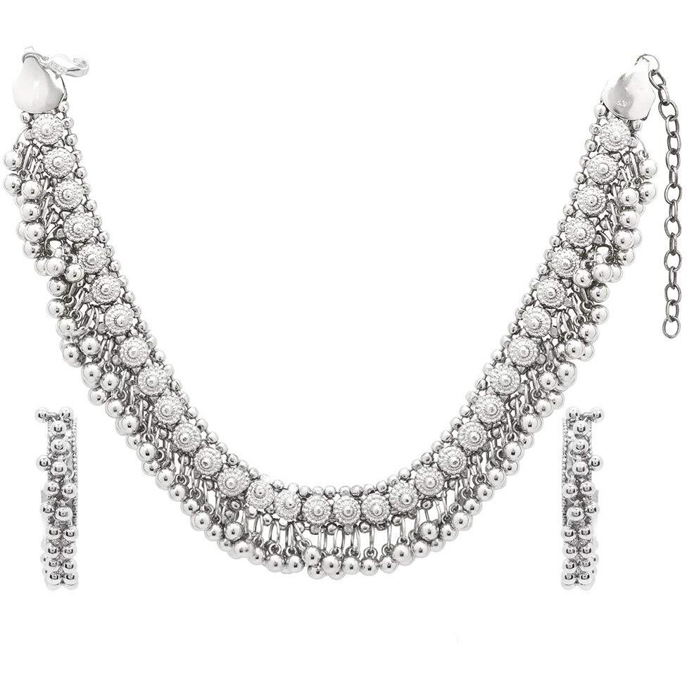 Yellow Chimes German Silver Oxidised Ghoongroo Necklace Set Traditional Boho Designer Choker Necklace With Earrings for Womens & Girls