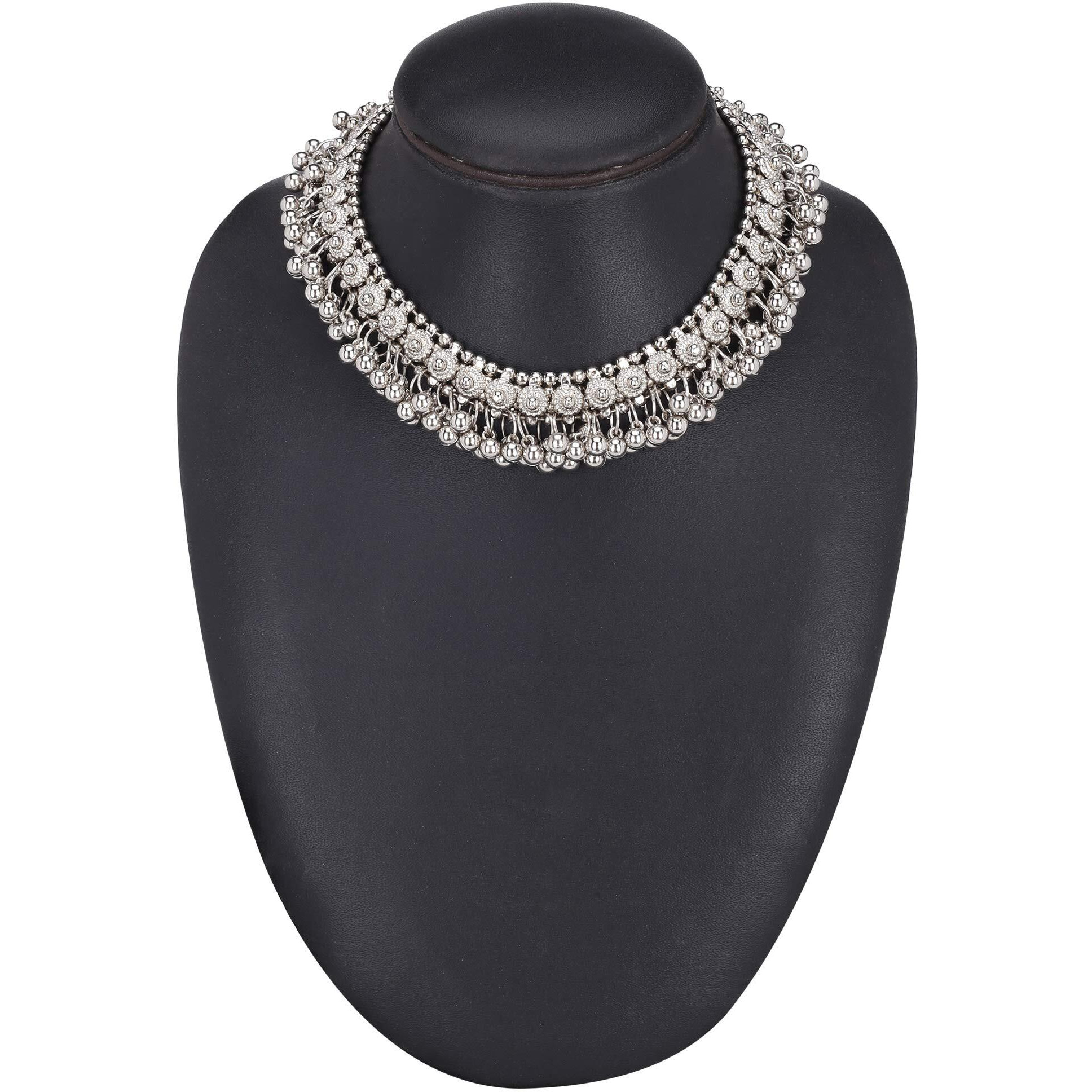 Yellow Chimes German Silver Oxidised Ghoongroo Necklace Set Traditional Boho Designer Choker Necklace With Earrings for Womens & Girls
