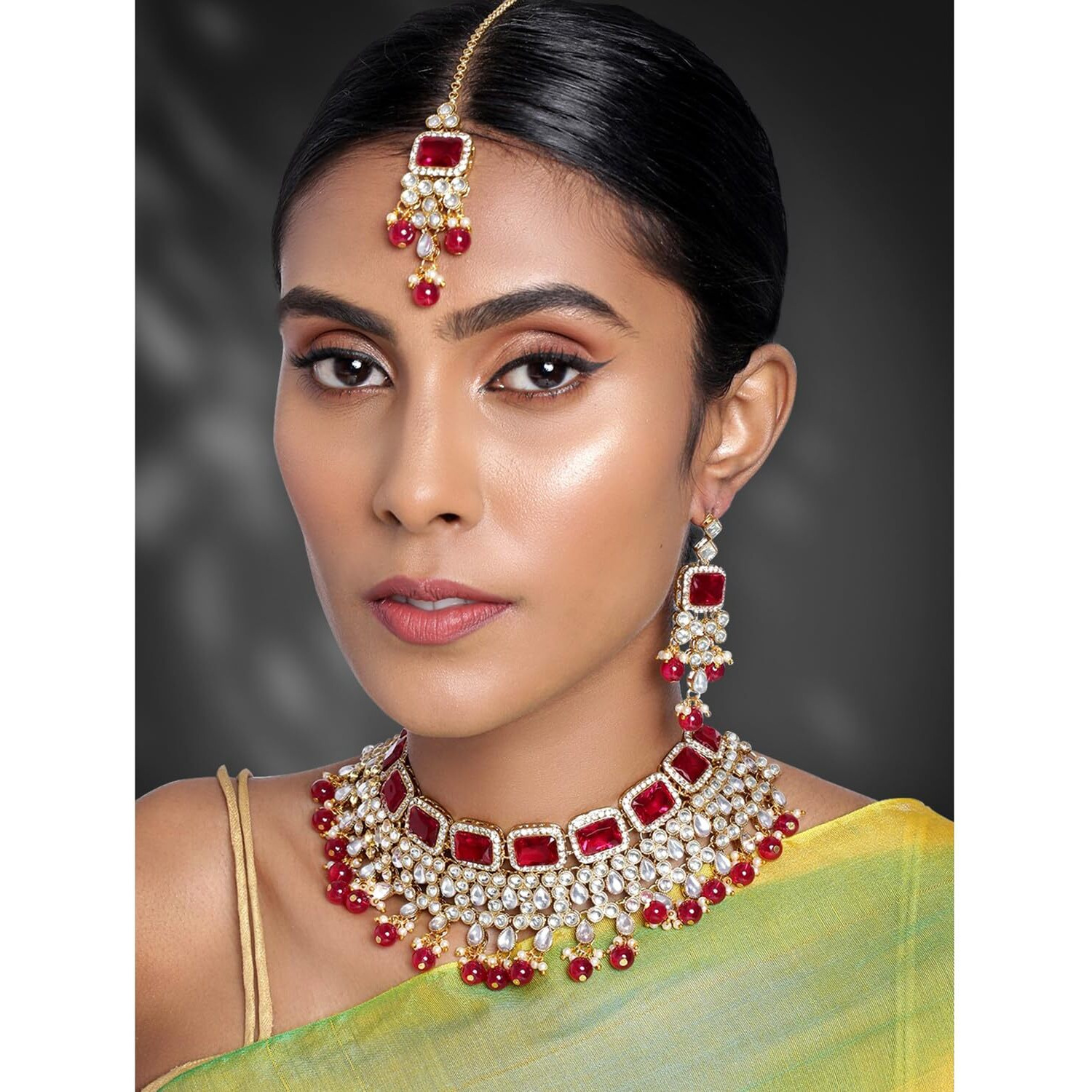 Peora Traditional Rani Pink Crystal Choker Necklace Earring Maang Tikka Jewellery Set for Women Girls