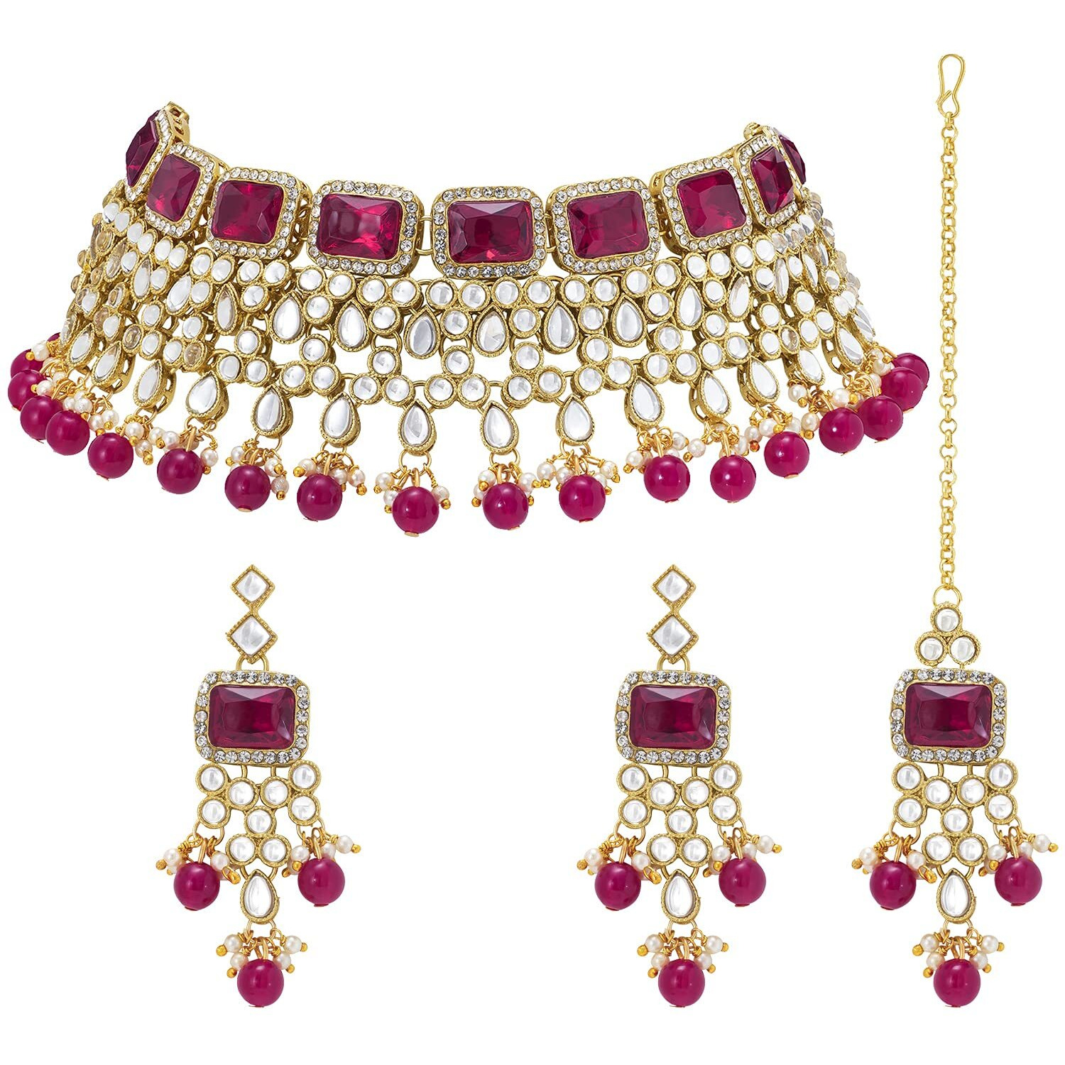 Peora Traditional Rani Pink Crystal Choker Necklace Earring Maang Tikka Jewellery Set for Women Girls