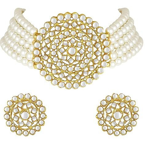 Peora Gold Plated Pearl Kundan Choker Necklace with Round Earrings Traditional Jewellery Set For Womens