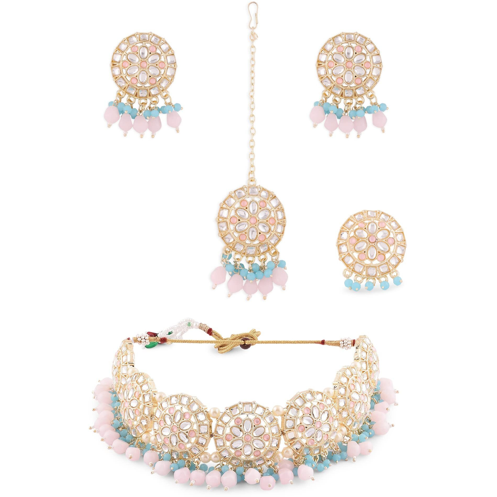 ZAVERI PEARLS Turquoise Blue & Pink Beads Ethnic Kundan Choker Necklace Earring Maangtikka & Ring Set For Women-ZPFK14396
