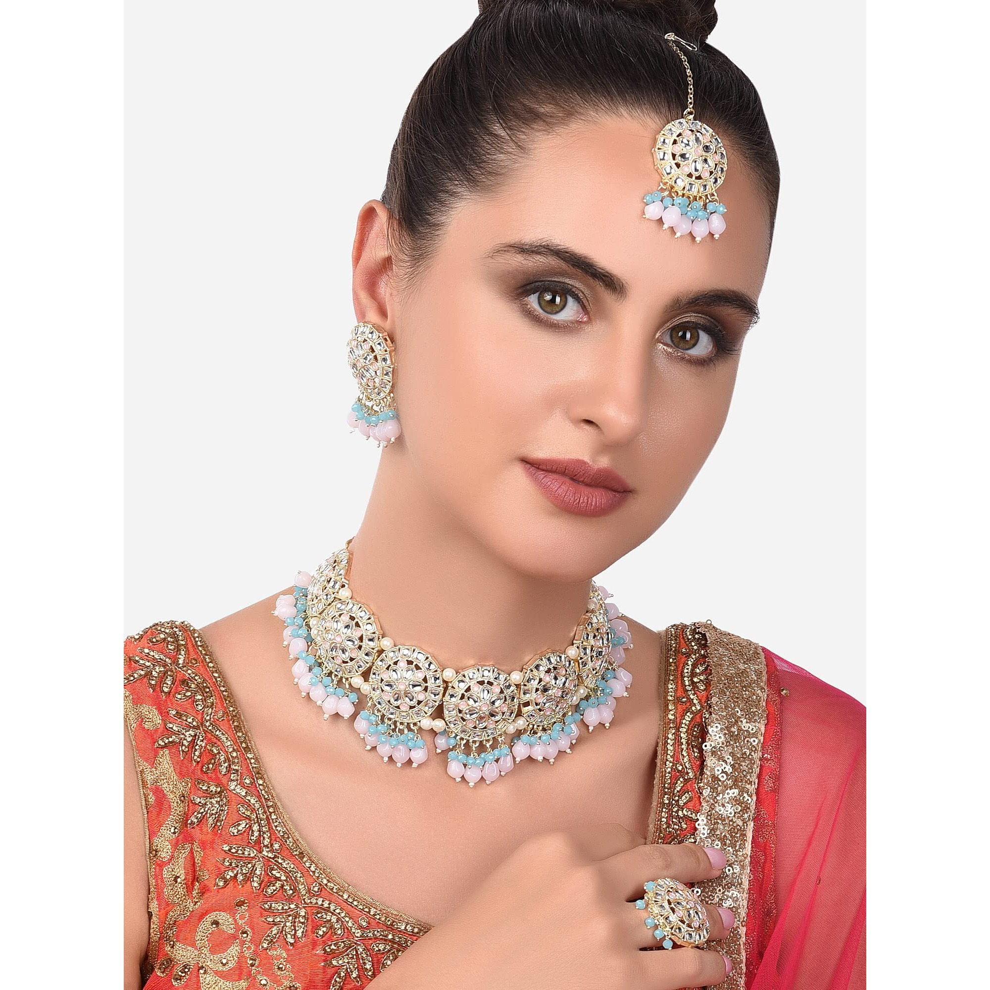 ZAVERI PEARLS Turquoise Blue & Pink Beads Ethnic Kundan Choker Necklace Earring Maangtikka & Ring Set For Women-ZPFK14396