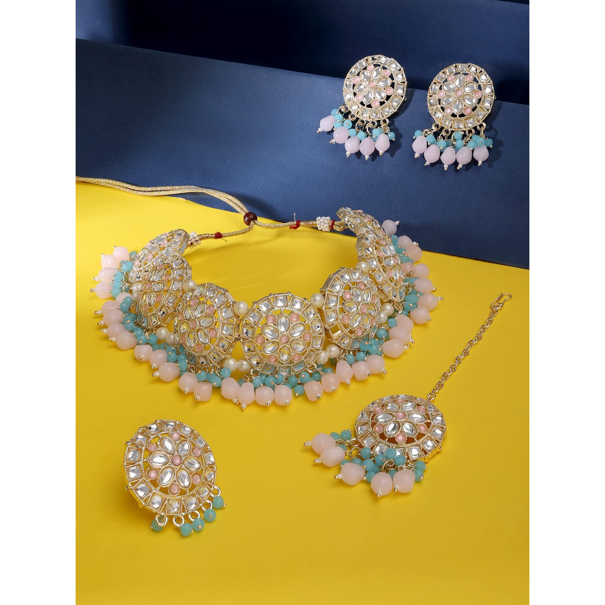 ZAVERI PEARLS Turquoise Blue & Pink Beads Ethnic Kundan Choker Necklace Earring Maangtikka & Ring Set For Women-ZPFK14396
