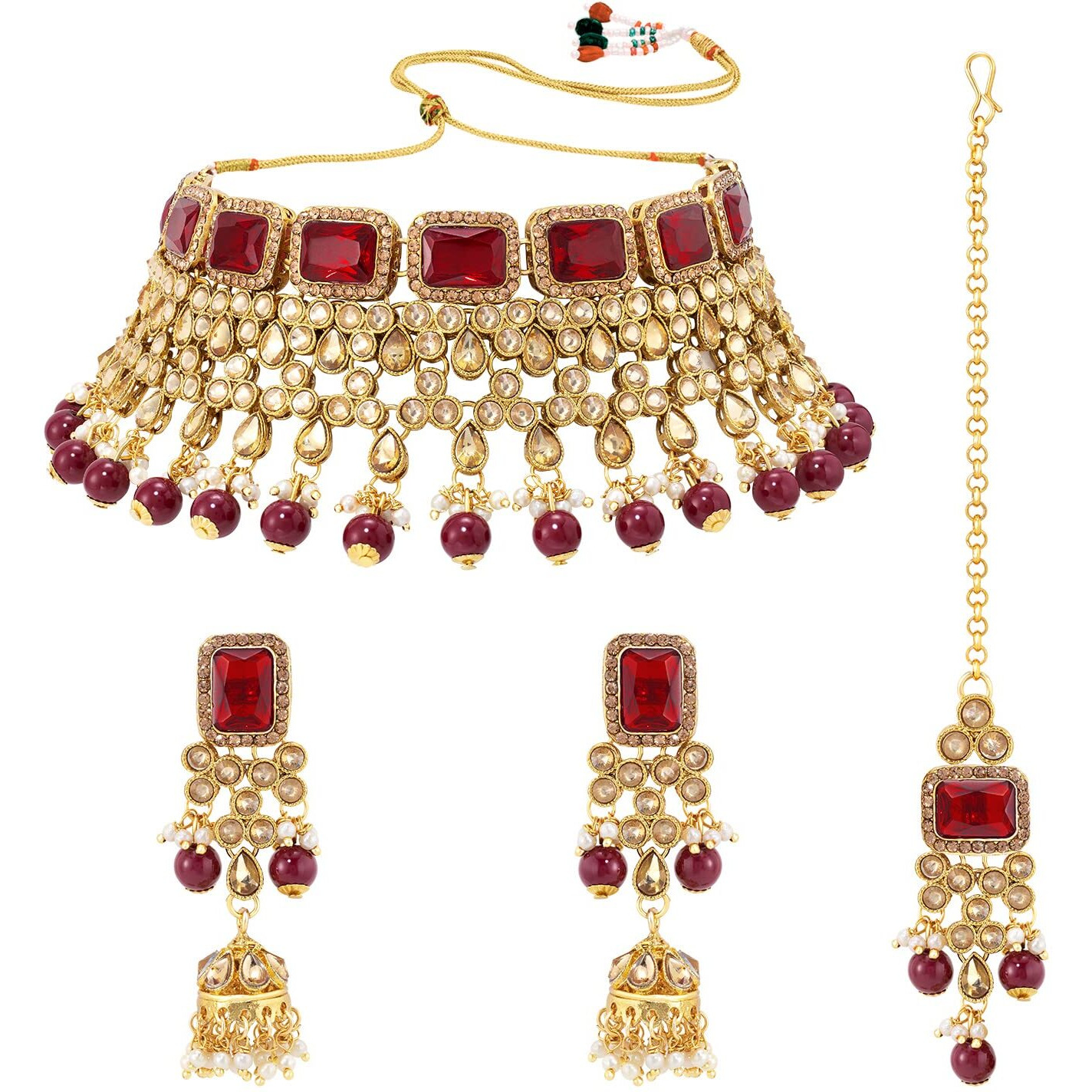 Peora Traditional Gold Plated Kundan Choker Necklace Jhumki Earring & Maang Tikka Ethnic Jewellery Set Gift for Women & Girls (Maroon)