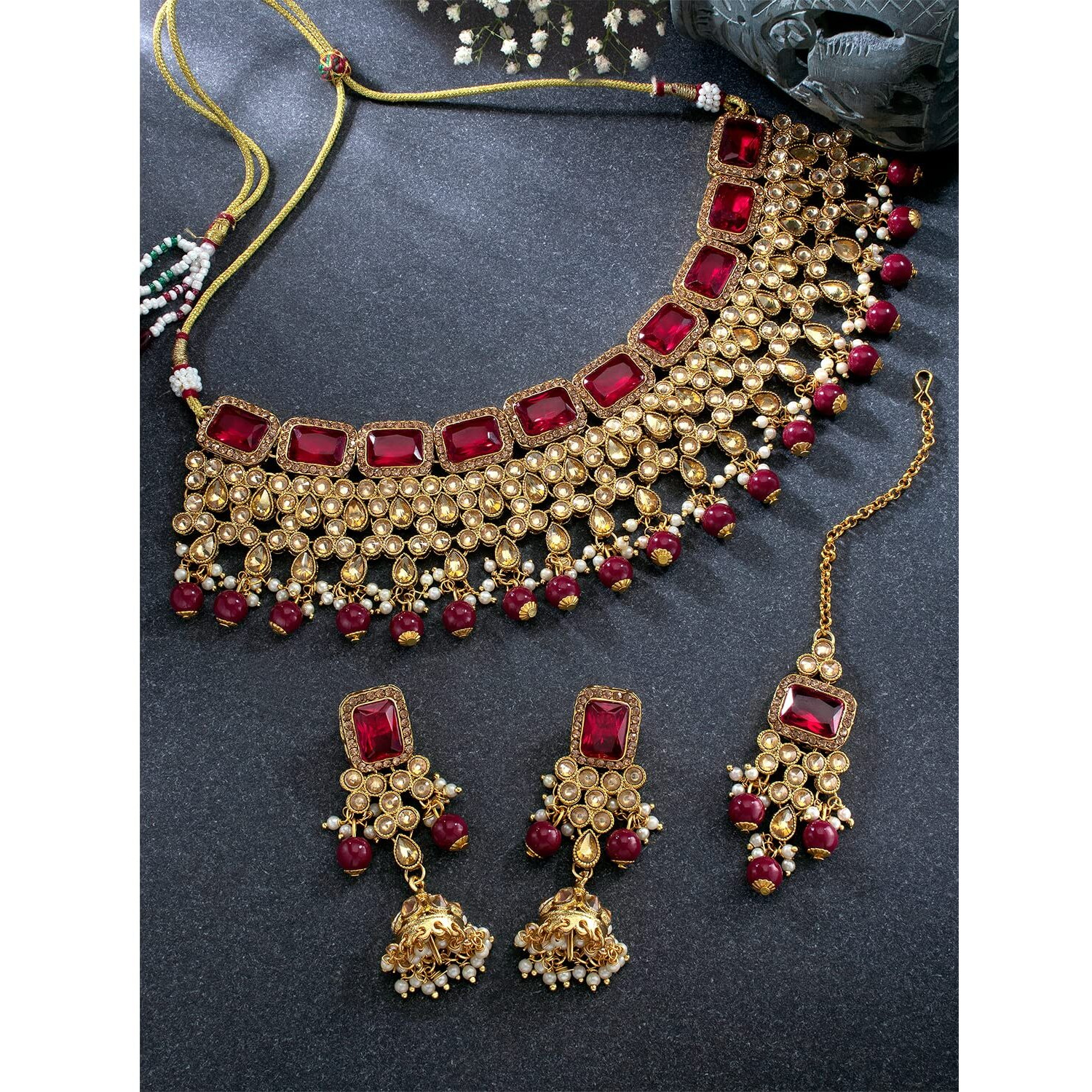 Peora Traditional Gold Plated Kundan Choker Necklace Jhumki Earring & Maang Tikka Ethnic Jewellery Set Gift for Women & Girls (Maroon)