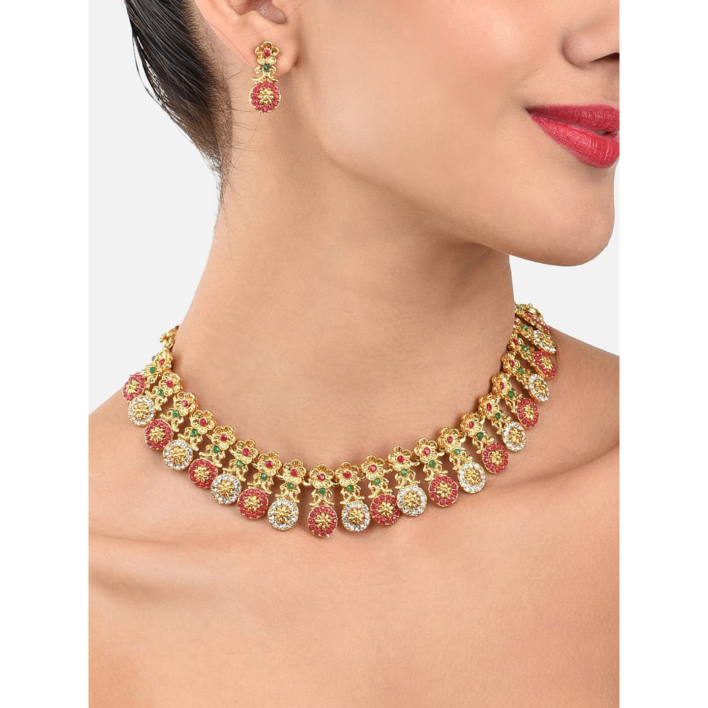 ZAVERI PEARLS Gold Tone Floral Design Choker Necklace Set For Women-ZPFK8991