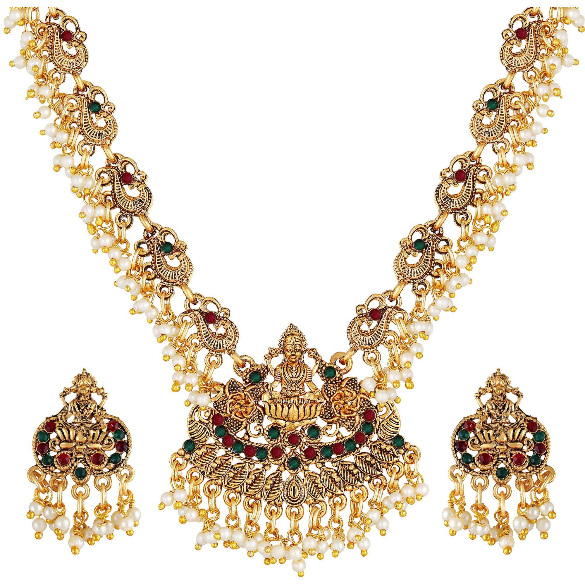 Shining Diva Fashion Latest Temple Design Pearl Necklace Set For Women Traditional Gold Plated Jewellery Set for Women (Multicolor) (10588s)