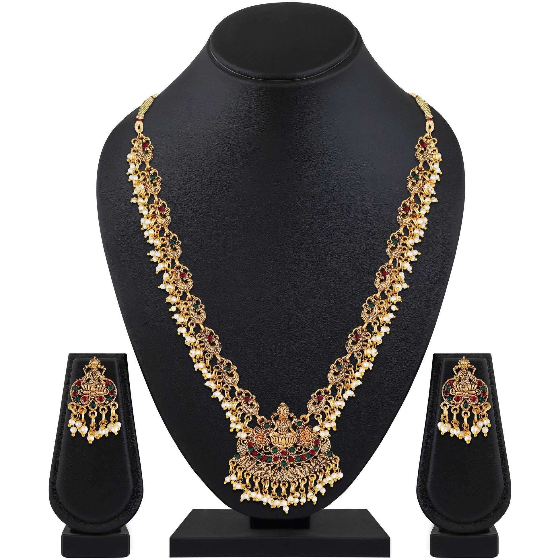 Shining Diva Fashion Latest Temple Design Pearl Necklace Set For Women Traditional Gold Plated Jewellery Set for Women (Multicolor) (10588s)