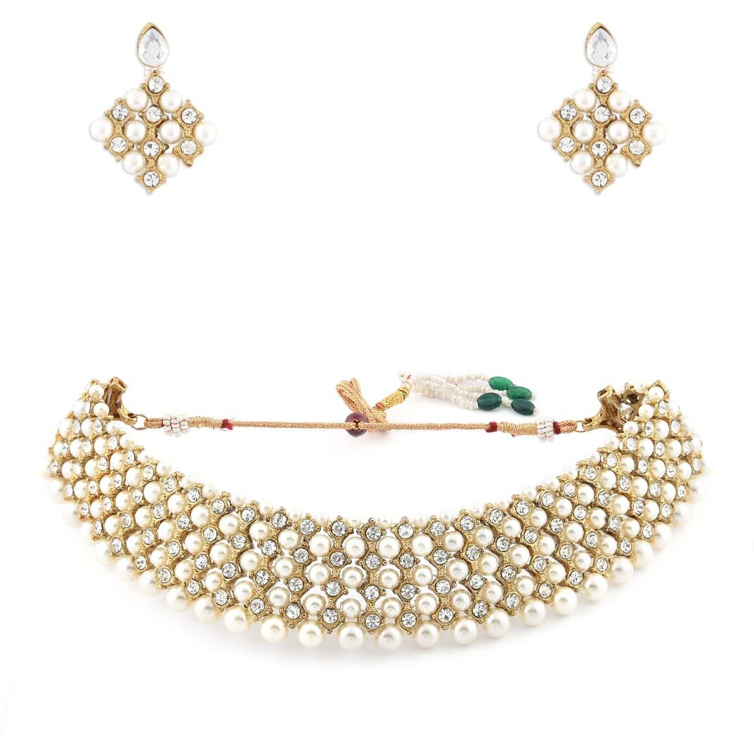 ZAVERI PEARLS Shimmering Austrian Diamonds & Pearls Choker Necklace Set For Women-ZPFK8714