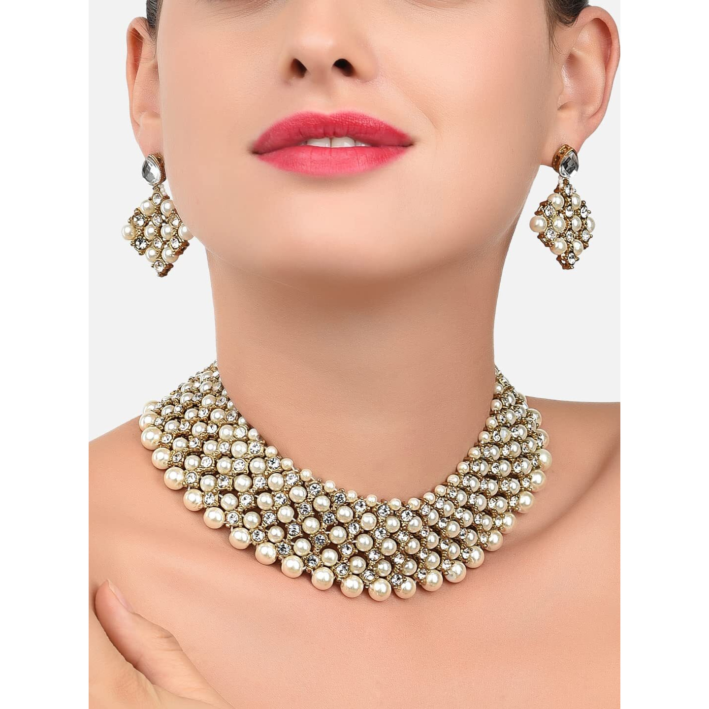 ZAVERI PEARLS Shimmering Austrian Diamonds & Pearls Choker Necklace Set For Women-ZPFK8714