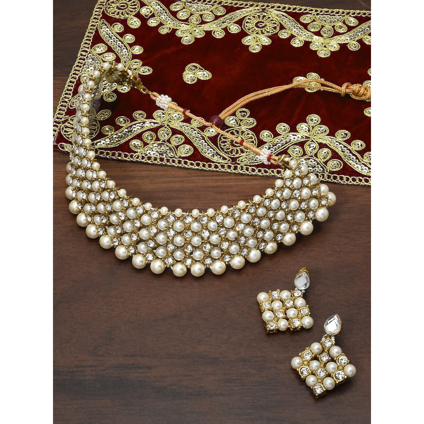 ZAVERI PEARLS Shimmering Austrian Diamonds & Pearls Choker Necklace Set For Women-ZPFK8714