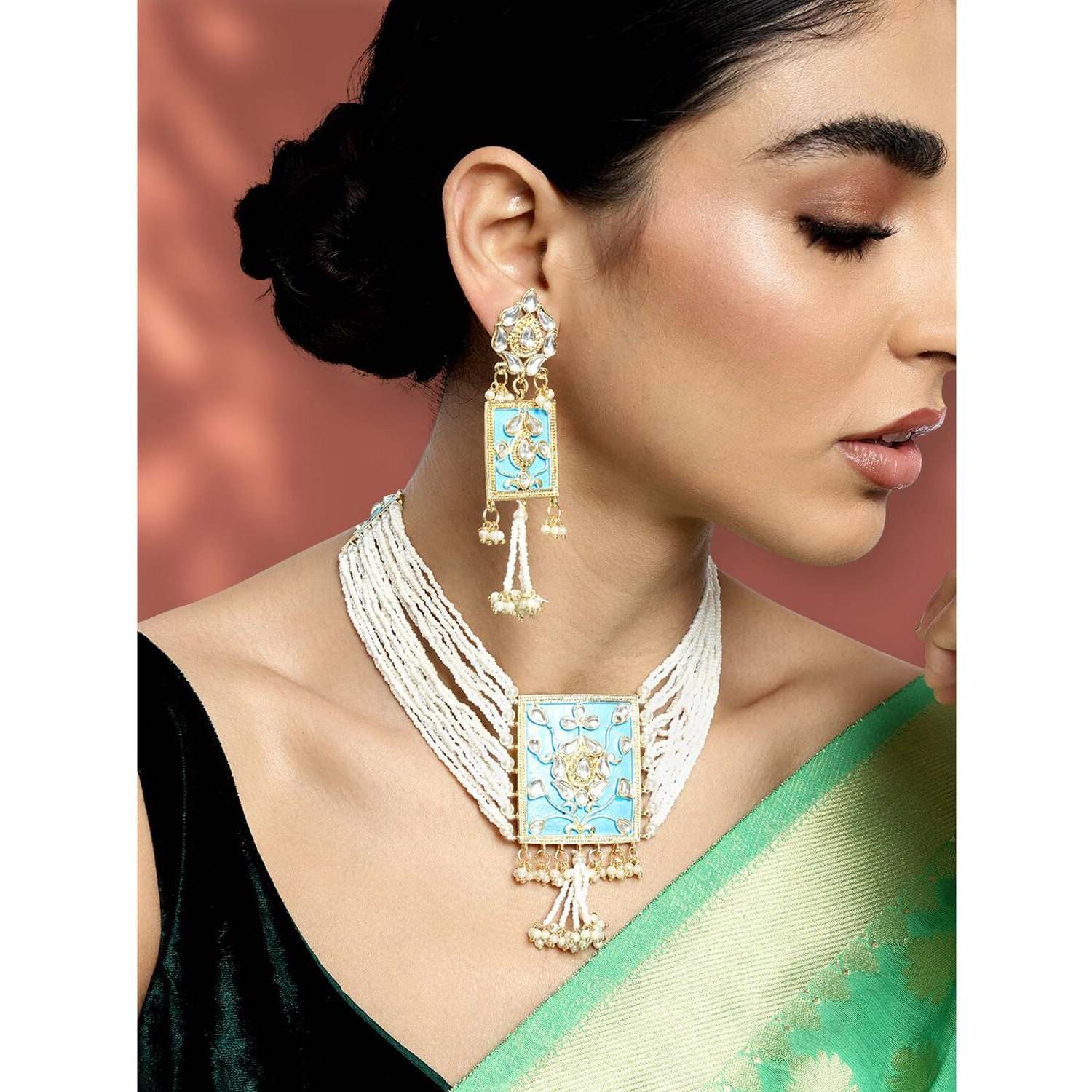 Peora Gold-plated Brass and Pearls Necklace With Earrings for Women & Girls (Sky Blue_91.5 gm)