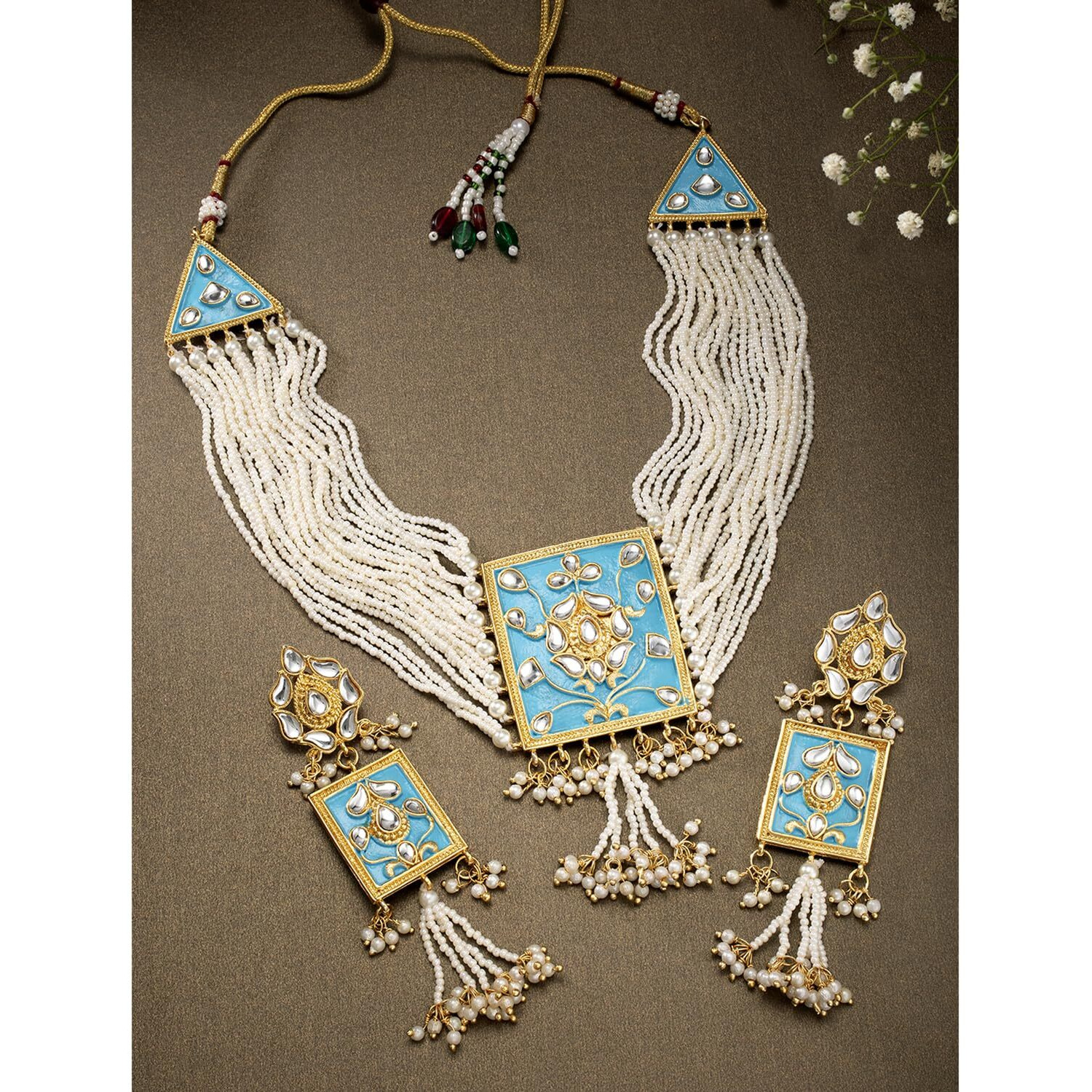 Peora Gold-plated Brass and Pearls Necklace With Earrings for Women & Girls (Sky Blue_91.5 gm)