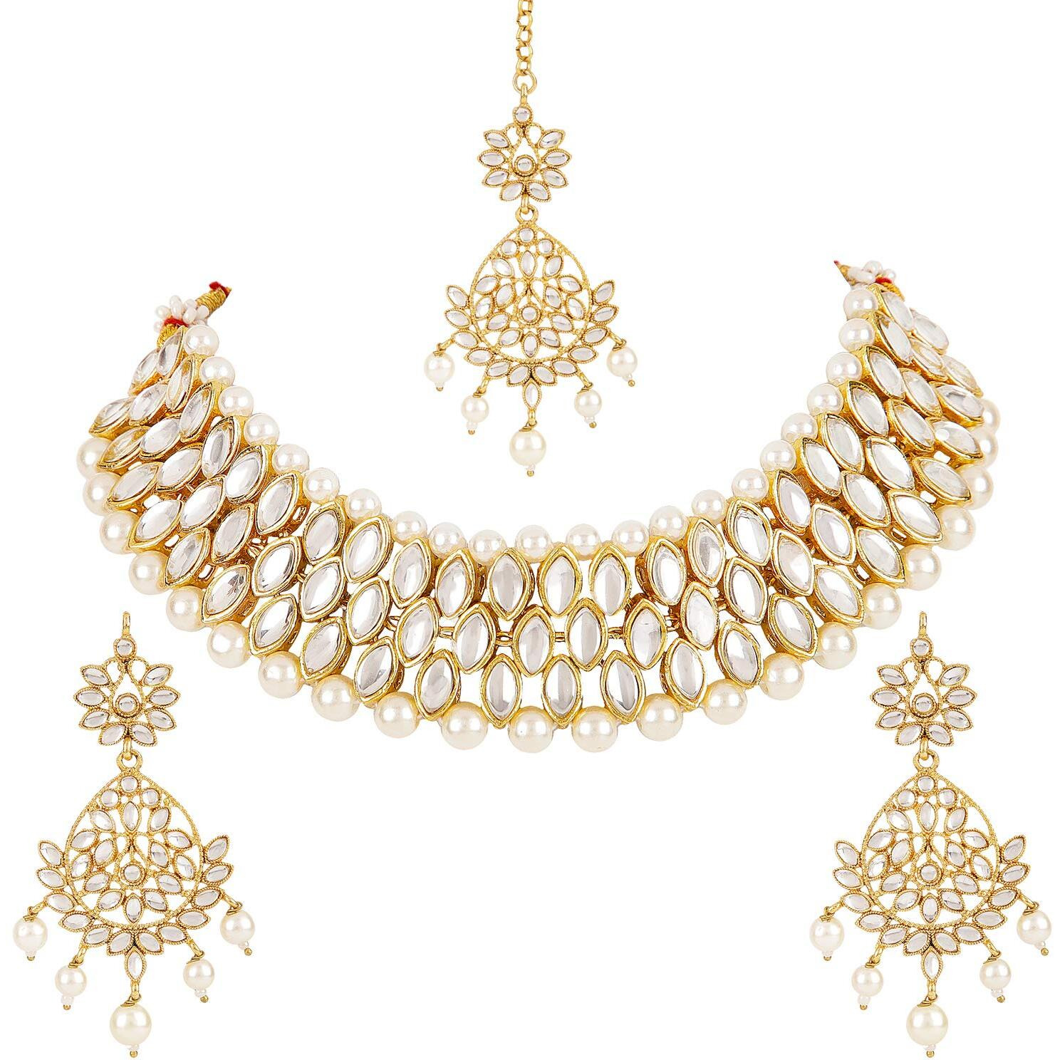 Shining Diva Latest Choker Design Traditional Kundan Earrings Maang Tikka Necklace Jewellery Set for Women (White) (11299s)