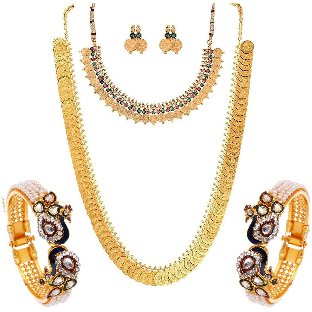 ZENEME Jewellery Set Gold Plated Maharani Temple Coin Haram Necklace Choker Red Green Necklace and Earring With Peacock Bracelet Bangle Bridal Jewellery For Women & Girls