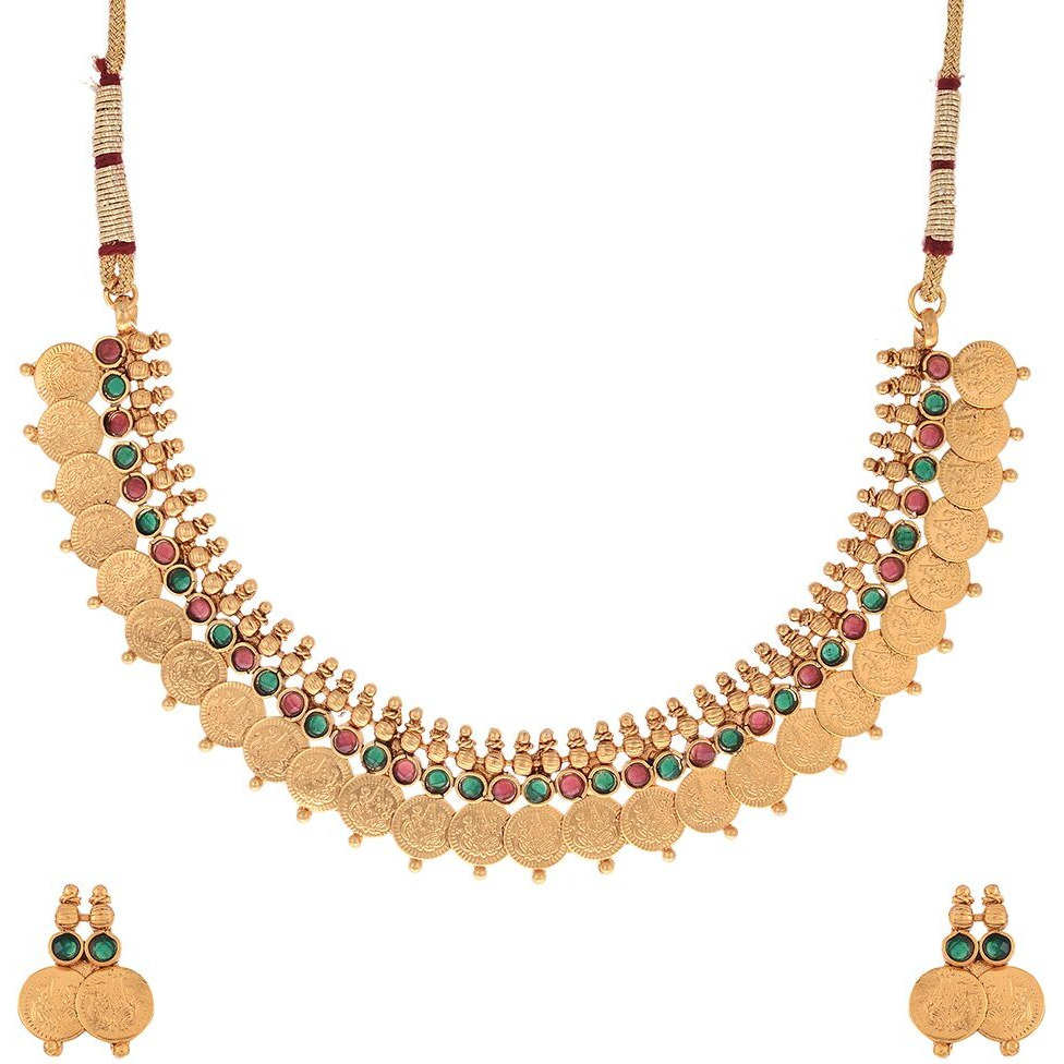 ZENEME Jewellery Set Gold Plated Maharani Temple Coin Haram Necklace Choker Red Green Necklace and Earring With Peacock Bracelet Bangle Bridal Jewellery For Women & Girls