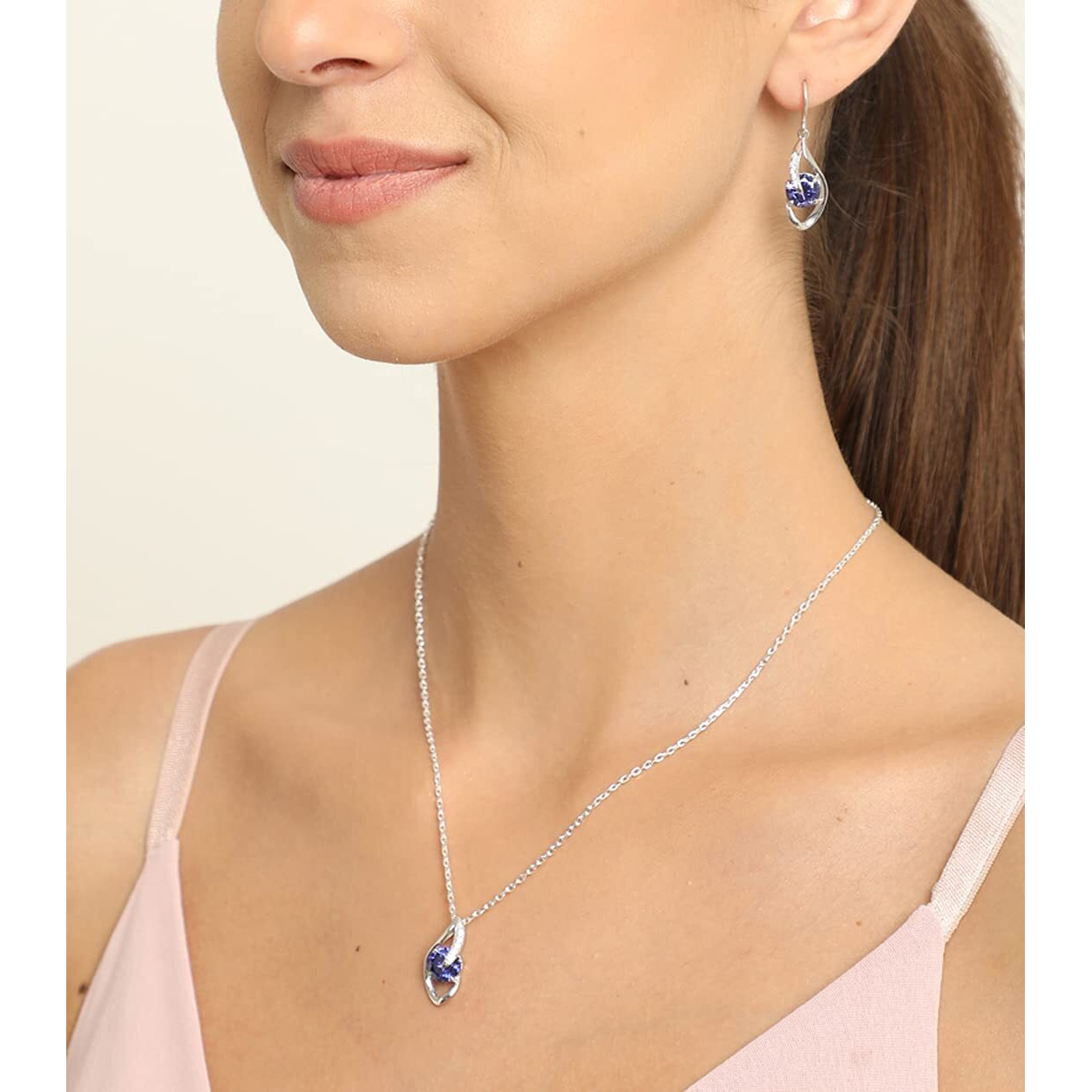 Clara 925 Sterling Silver Royal Blue Eye Pendant Earring Chain Jewellery Set | Rhodium Plated, Swiss Zirconia | Gift for Women & Girls