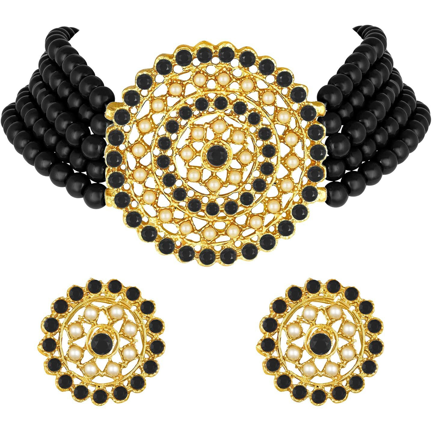 Peora Gold Plated Pearl Diamond Kundan Choker Necklace with Round Earrings Traditional Jewellery Set For Womens