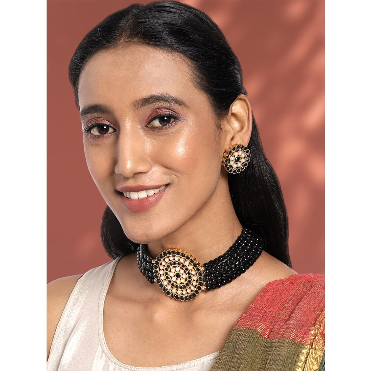 Peora Gold Plated Pearl Diamond Kundan Choker Necklace with Round Earrings Traditional Jewellery Set For Womens