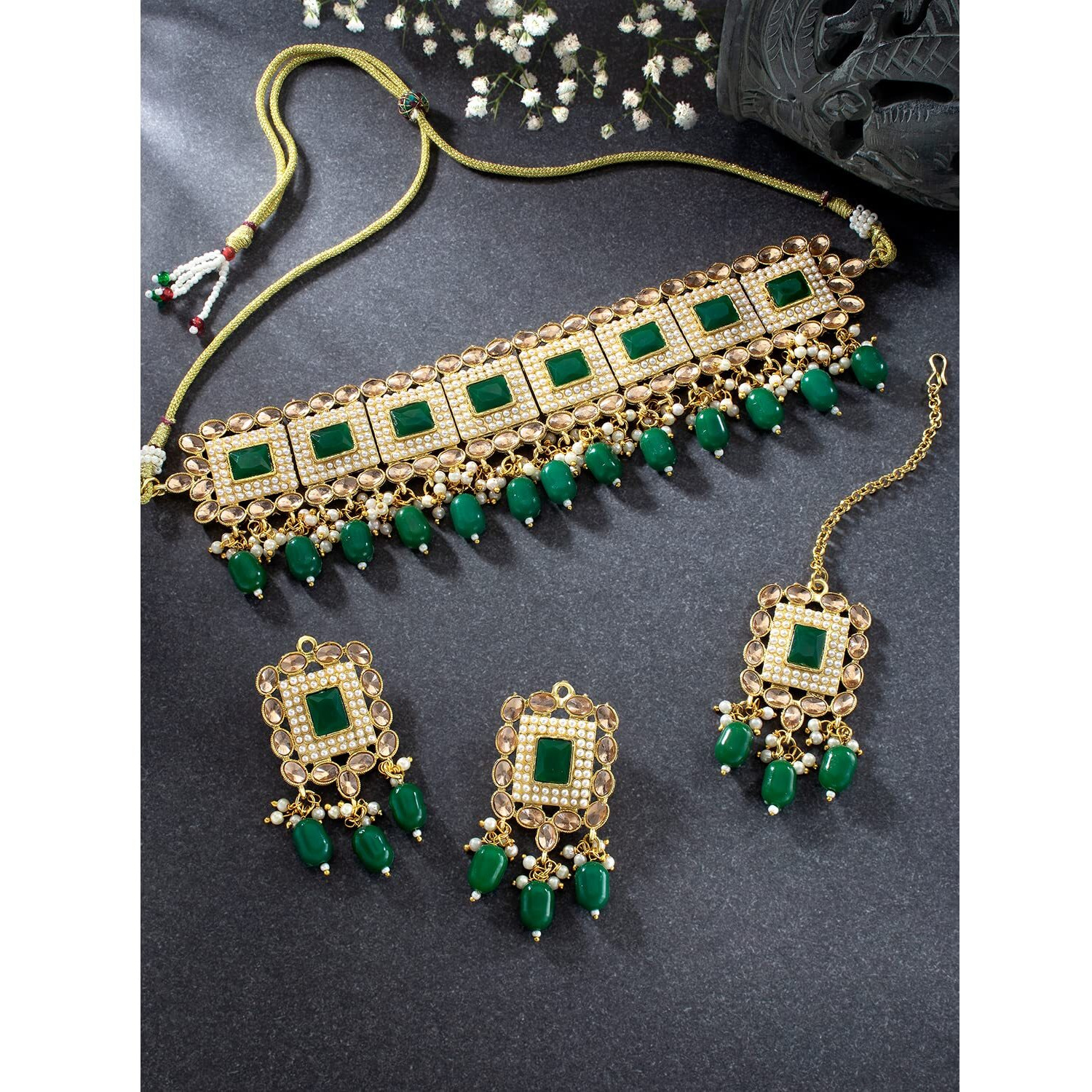 Peora Gold Plated Kundan Green Crystal Choker Necklace Earrings Maang Tikka Set Traditional Ethnic Jewellery Set for Women