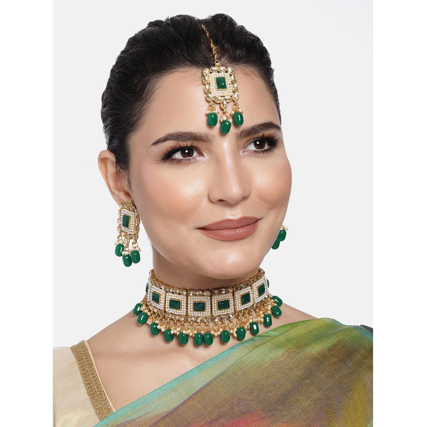 Peora Gold Plated Kundan Green Crystal Choker Necklace Earrings Maang Tikka Set Traditional Ethnic Jewellery Set for Women