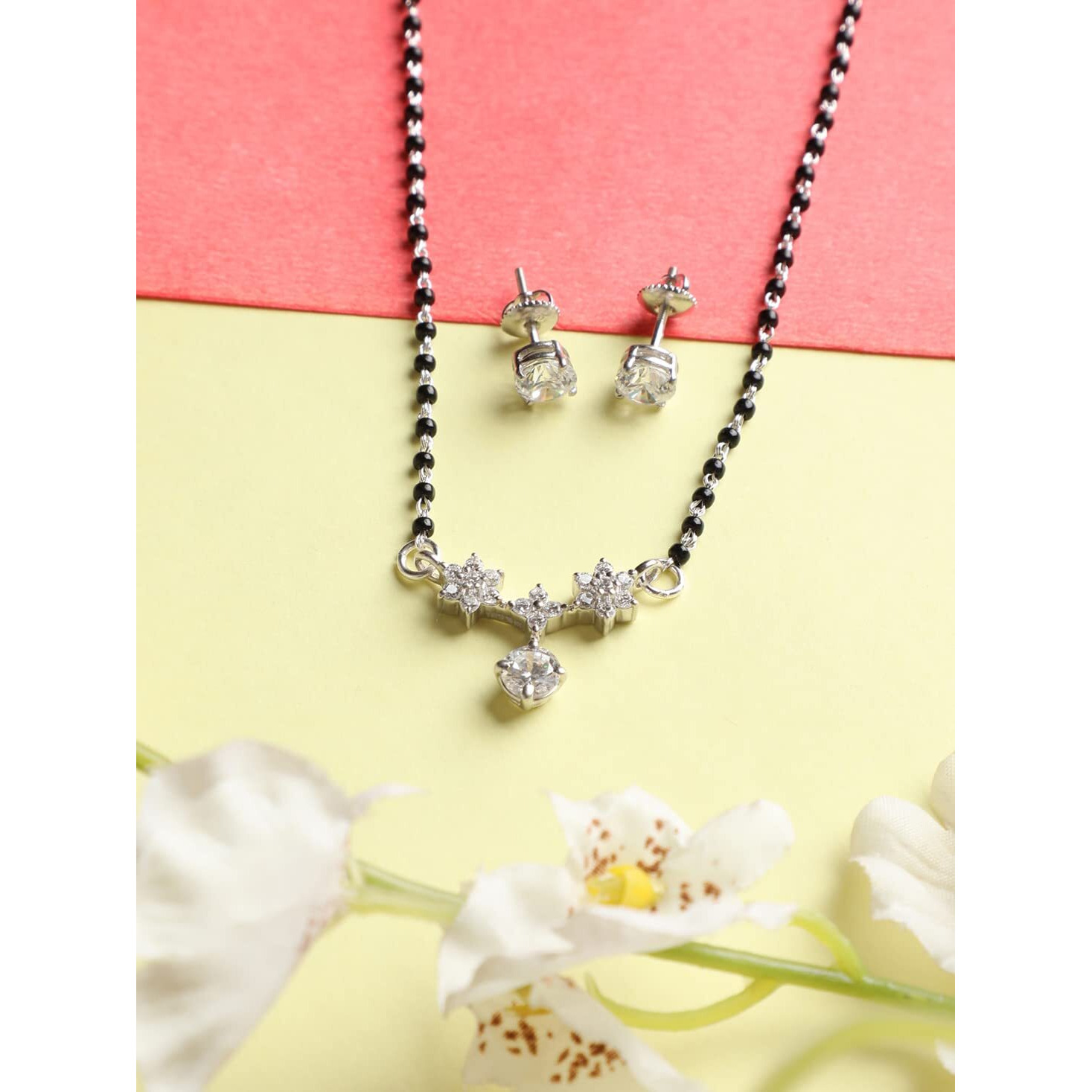 Clara 925 Sterling Silver Lily Mangalsutra Tanmaniya Pendant Earring Jewellery set With Chain Gift for Women and Girls