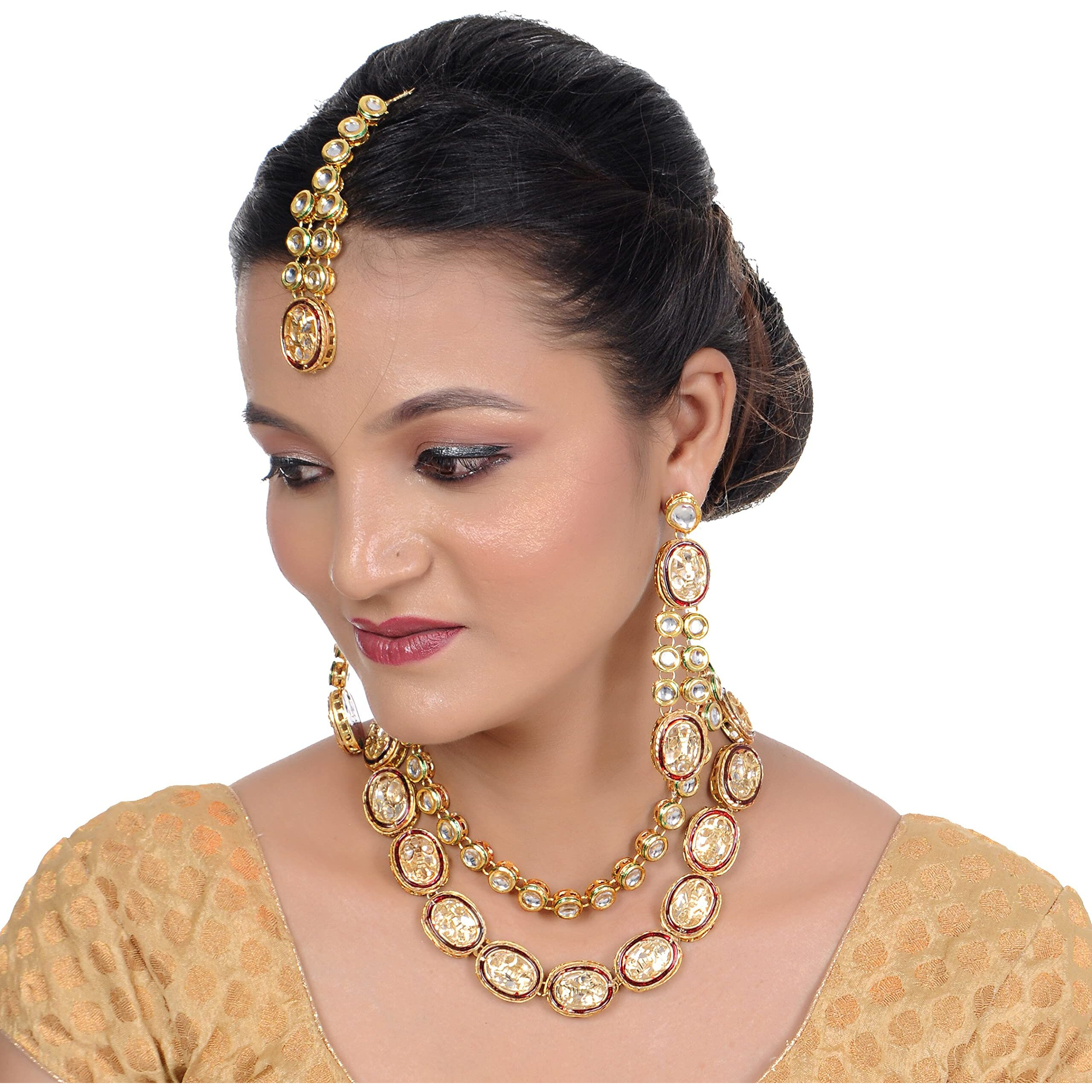 LUCKY JEWELLERY Back Meenakari 18k Gold Plated Maroon Color Tika Earring Combo Jewellery Set Uncut Kundan Big Faux Kundan Dibbi Kundan Choker Necklace Set for Girls & Women