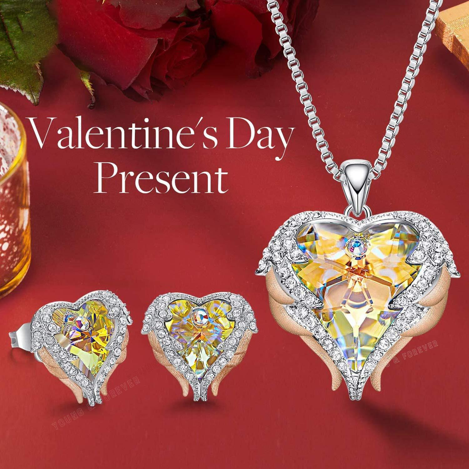 Young & Forever Gift Angel Wing Love Heart Necklaces and Earrings Silver Tone/Gold Tone Jewelry Sets Birthday/Anniversary Valentines Day Jewelry Gifts for Women Mom/Wife/Sister/Best Friend