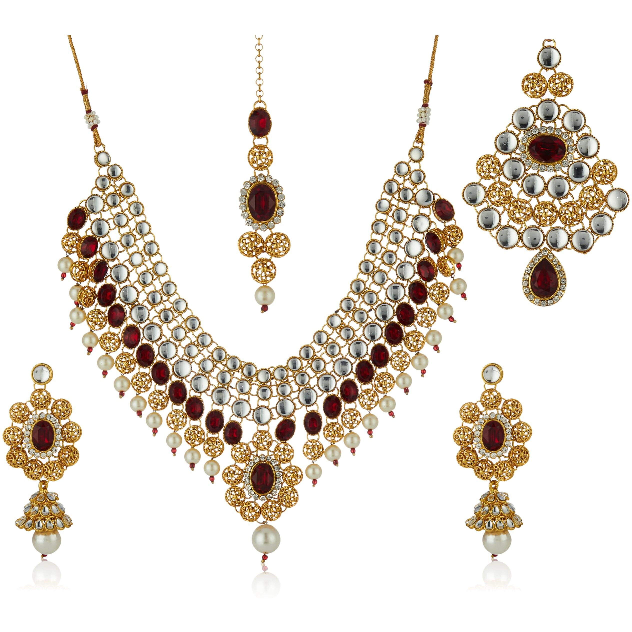 Shining Diva Non Precious Metal Traditional Kundan Jewellery Set, Necklace Set for Women with Earrings Maang Tikka and Passa (Red) (6849s)