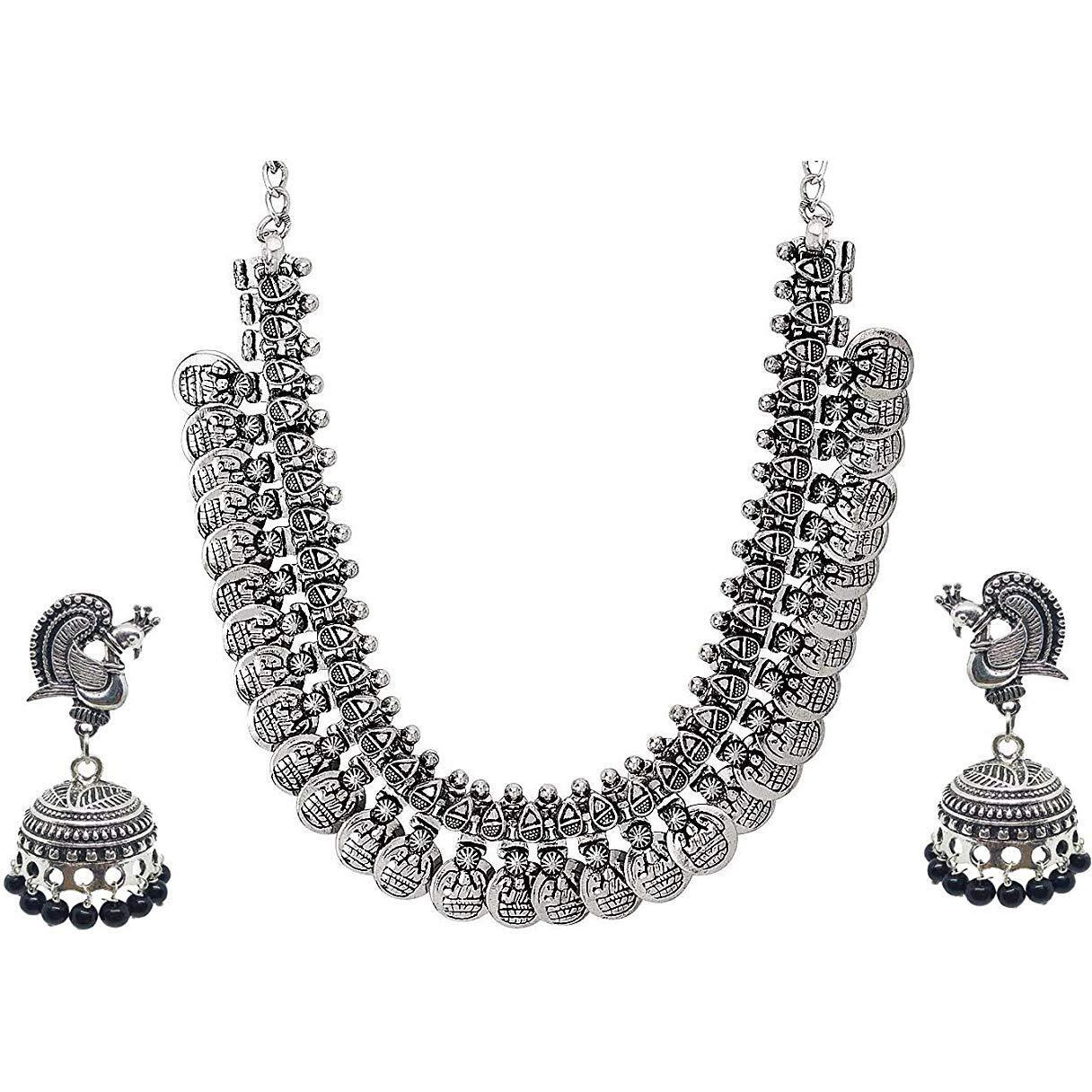 PV Pushpavalli Fashions Traditional Ethnic Handmade German Silver Plated Oxidised Lakshmi Coin Design silver Tone Necklace & Earring Combo for Women & Girls