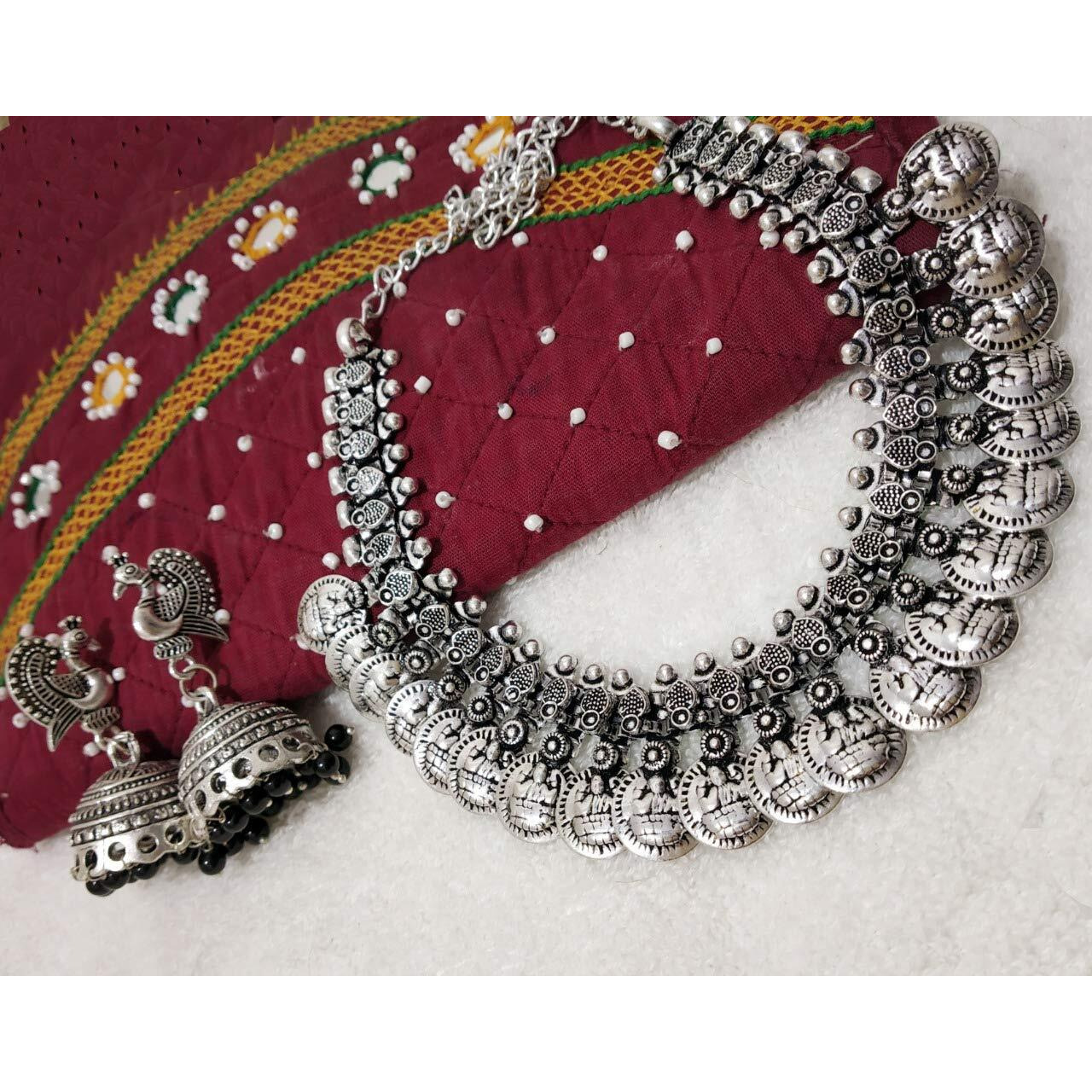 PV Pushpavalli Fashions Traditional Ethnic Handmade German Silver Plated Oxidised Lakshmi Coin Design silver Tone Necklace & Earring Combo for Women & Girls