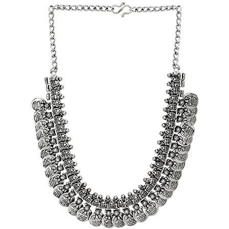 PV Pushpavalli Fashions Traditional Ethnic Handmade German Silver Plated Oxidised Lakshmi Coin Design silver Tone Necklace & Earring Combo for Women & Girls