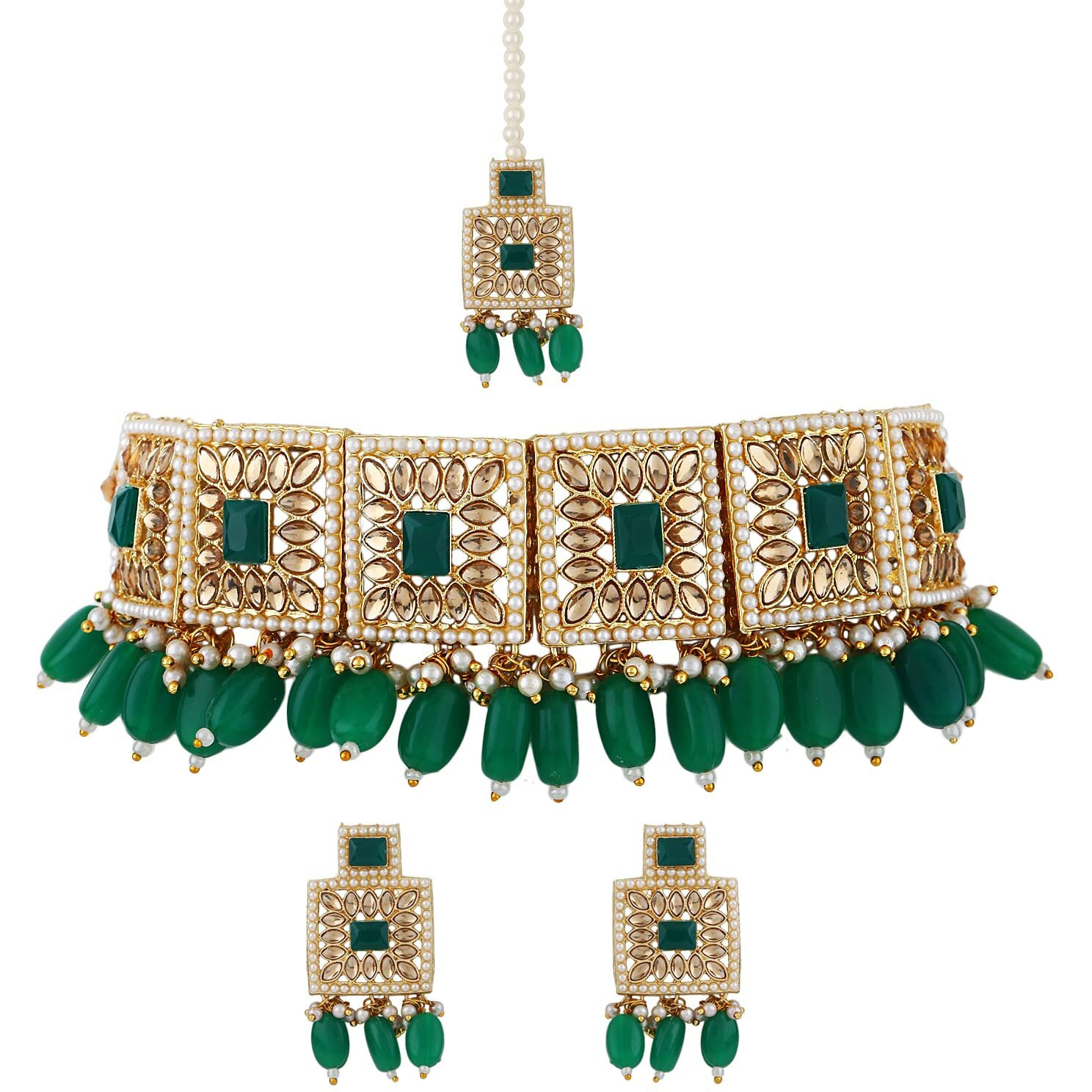 Shining Diva Fashion Latest Stylish Fancy Choker Traditional Pearl Kundan Necklace Jewellery Set for Women (12897s), Green, One