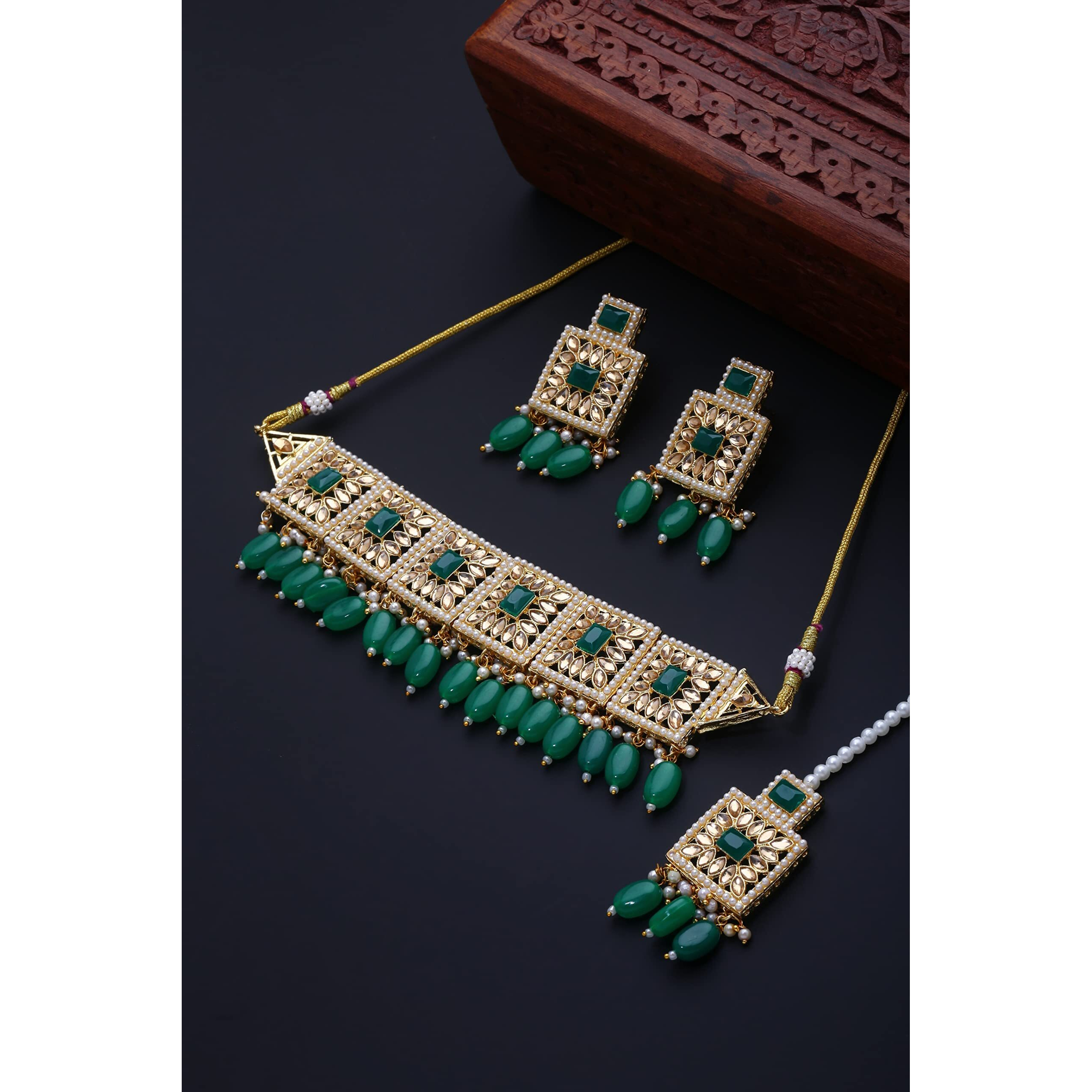 Shining Diva Fashion Latest Stylish Fancy Choker Traditional Pearl Kundan Necklace Jewellery Set for Women (12897s), Green, One