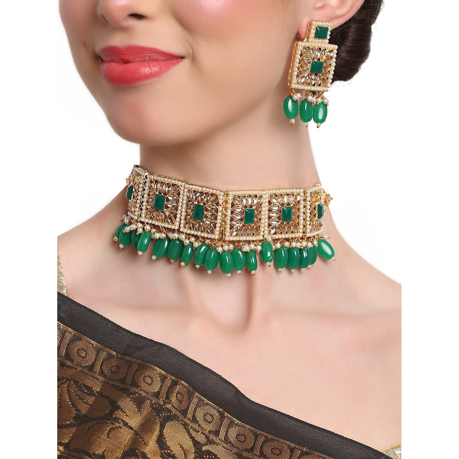 Shining Diva Fashion Latest Stylish Fancy Choker Traditional Pearl Kundan Necklace Jewellery Set for Women (12897s), Green, One