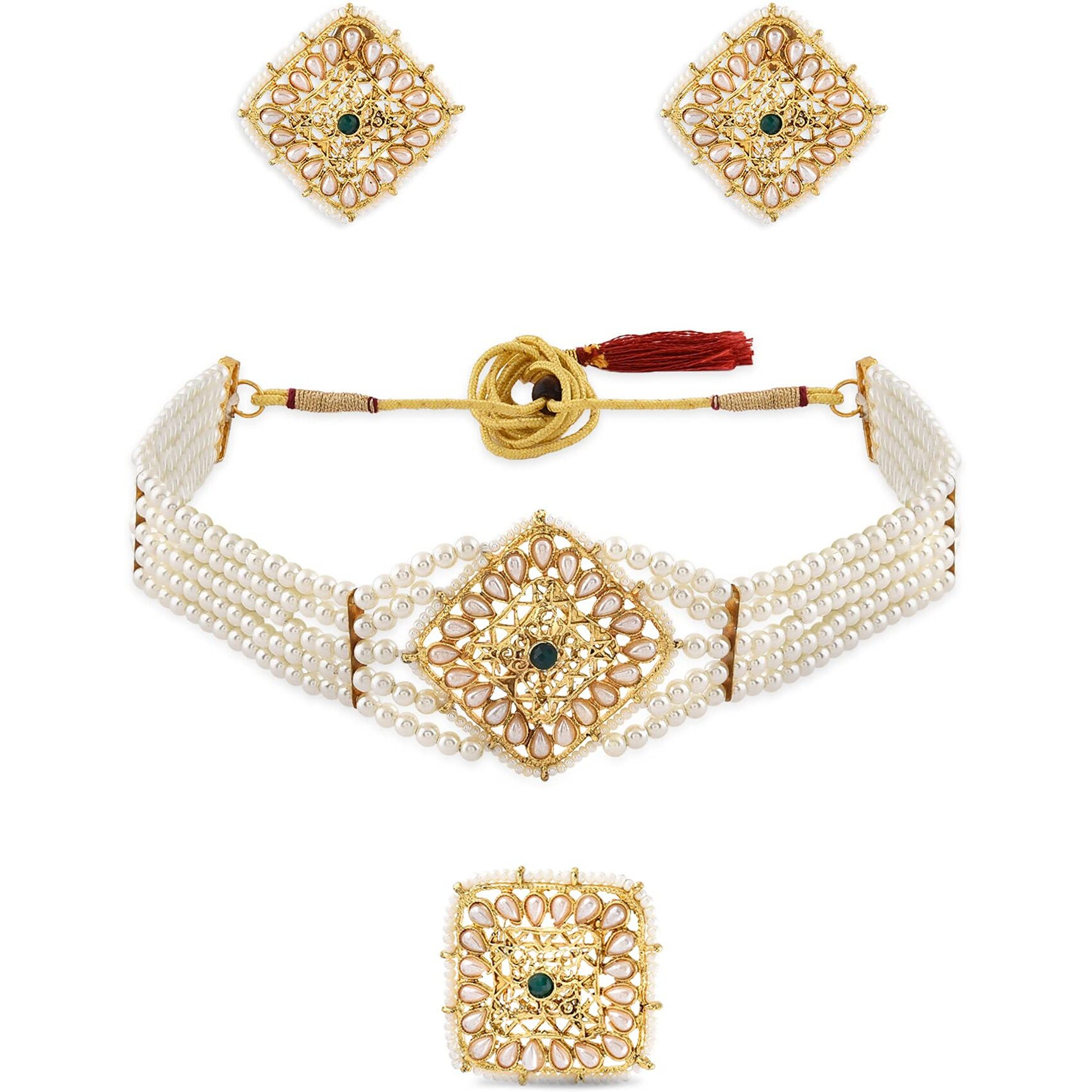ZAVERI PEARLS Gold Tone Multistrand Pearls Choker Necklace Earring & Ring Set For Women-ZPFK10771
