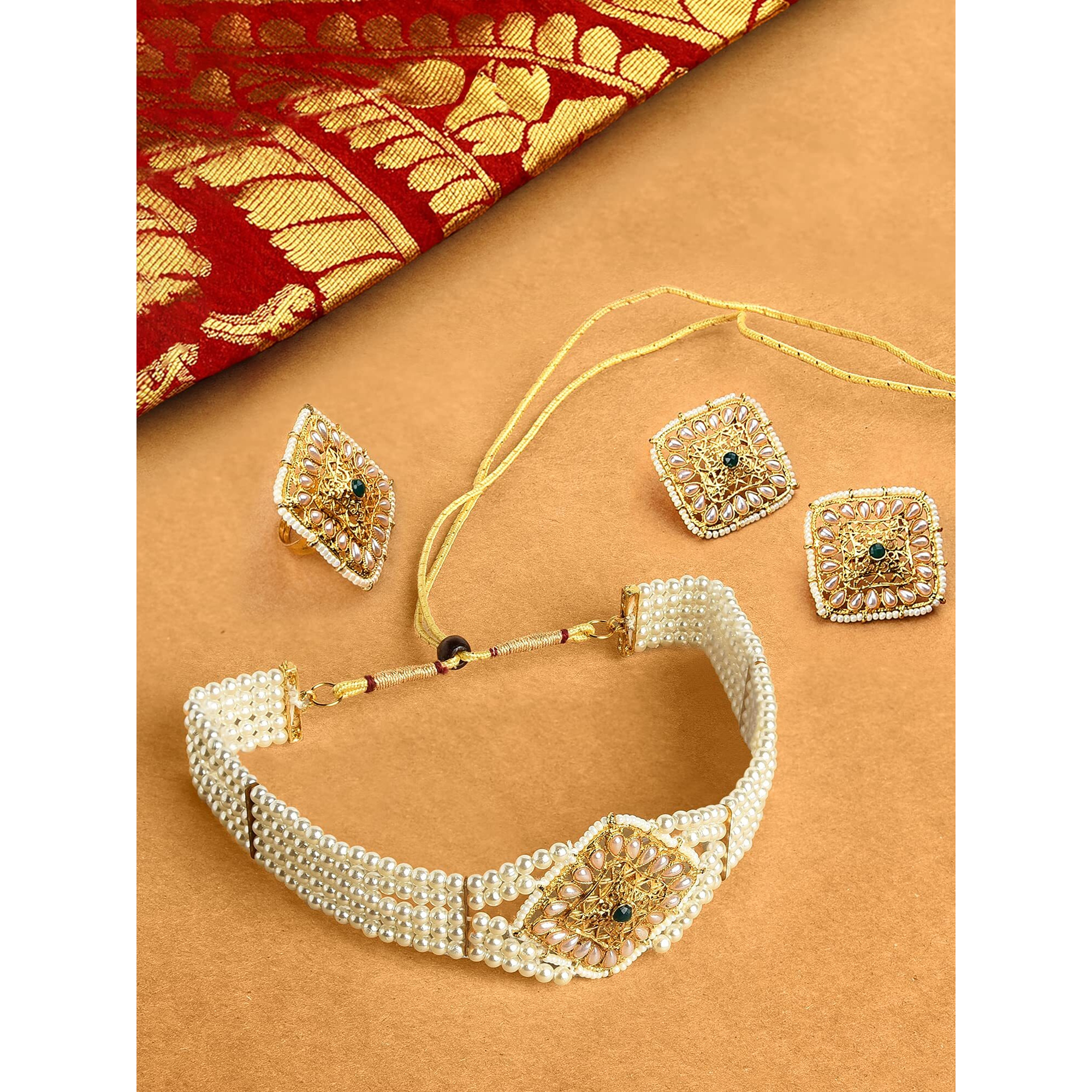 ZAVERI PEARLS Gold Tone Multistrand Pearls Choker Necklace Earring & Ring Set For Women-ZPFK10771