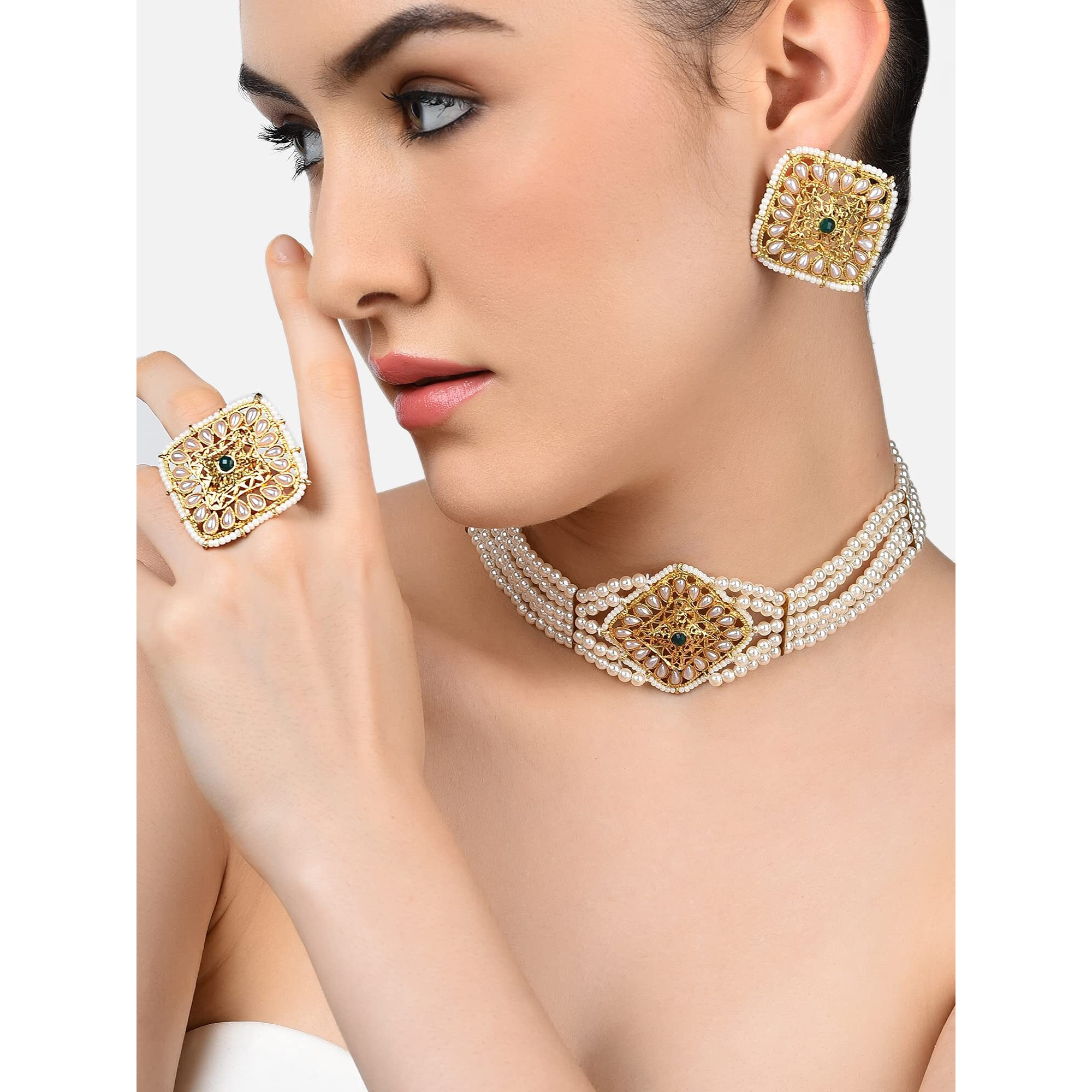ZAVERI PEARLS Gold Tone Multistrand Pearls Choker Necklace Earring & Ring Set For Women-ZPFK10771