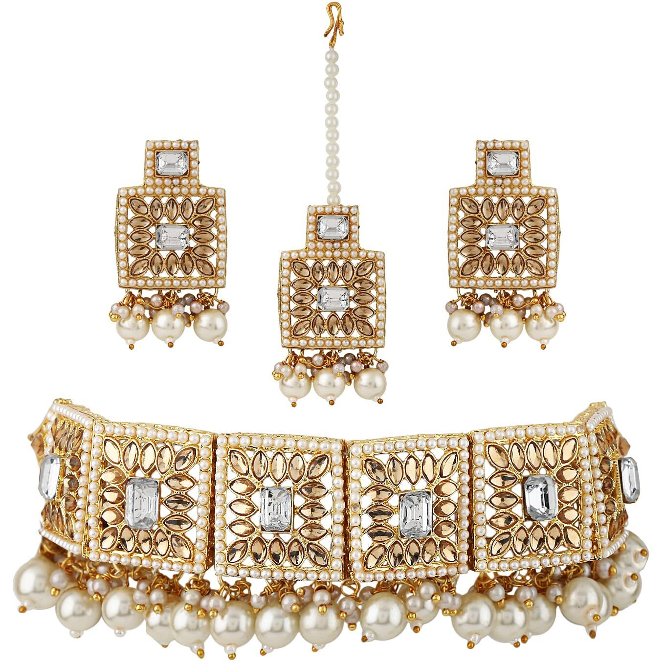 Shining Diva Fashion Latest Stylish Fancy Choker Traditional Pearl Kundan Necklace Jewellery Set for Women (12895s), White, One