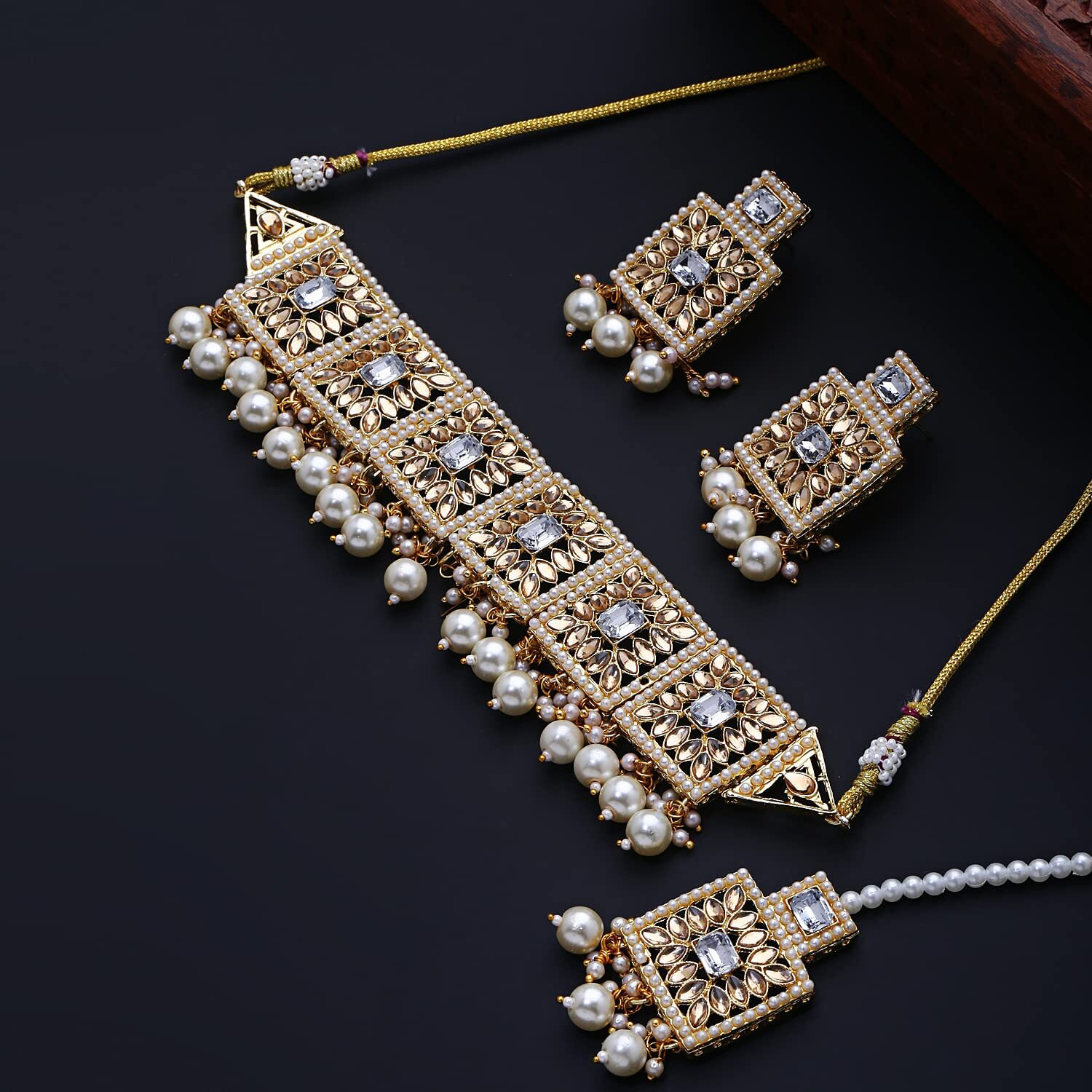 Shining Diva Fashion Latest Stylish Fancy Choker Traditional Pearl Kundan Necklace Jewellery Set for Women (12895s), White, One