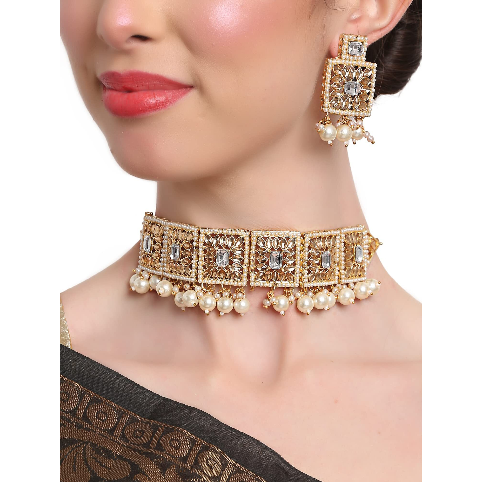 Shining Diva Fashion Latest Stylish Fancy Choker Traditional Pearl Kundan Necklace Jewellery Set for Women (12895s), White, One