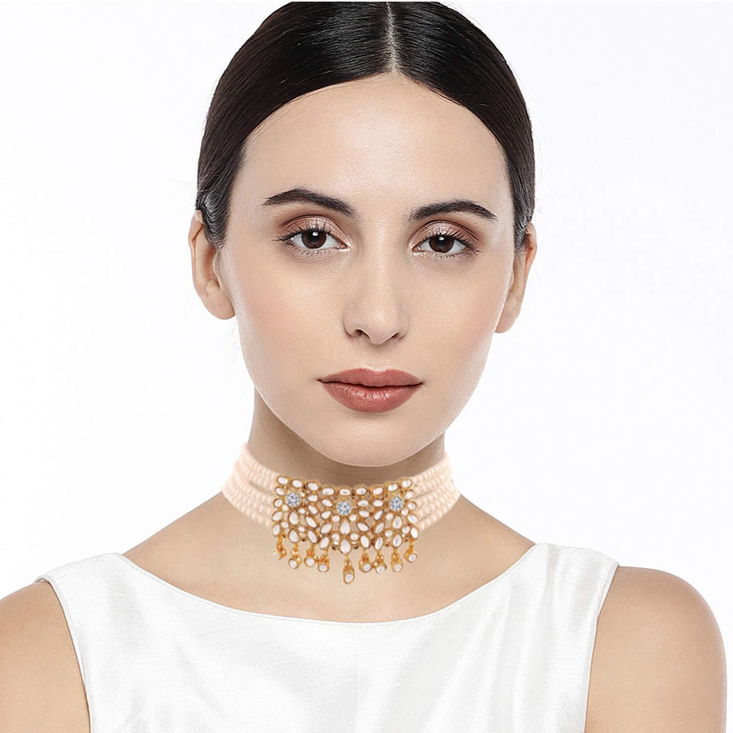 I Jewels 18K Gold Plated Traditional Kundan Studded Pearl Choker Necklace Jewellery Set for Women (ML236W)
