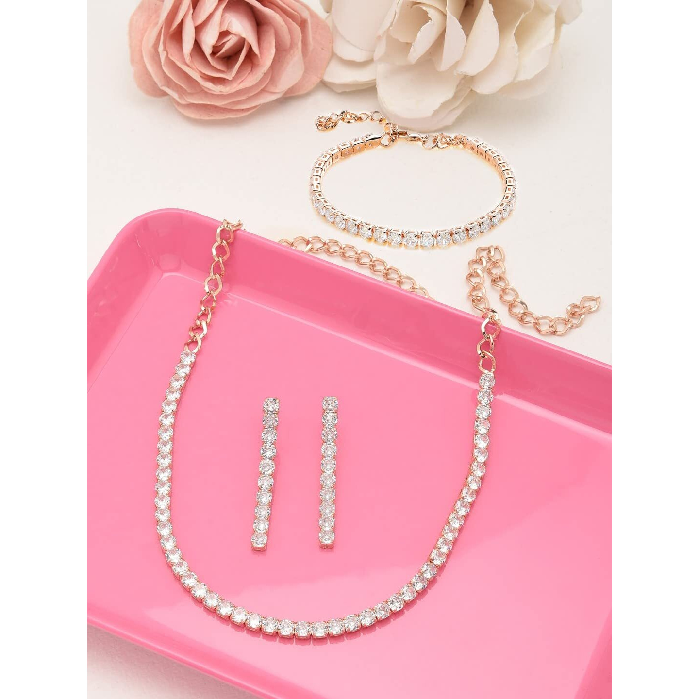 ZAVERI PEARLS Rose Gold Dazzling Cubic Zirconia Necklace Earring & Bracelet Set For Women-ZPFK12569