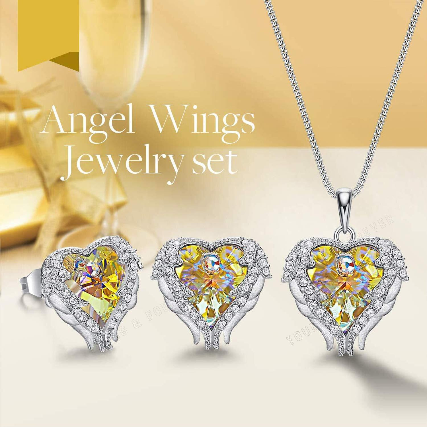 Young & Forever Gift Angel Wing Love Heart Necklaces and Earrings Silver Tone/Gold Tone Jewelry Sets Birthday/Anniversary Valentines Day Jewelry Gifts for Women Mom/Wife/Sister/Best Friend