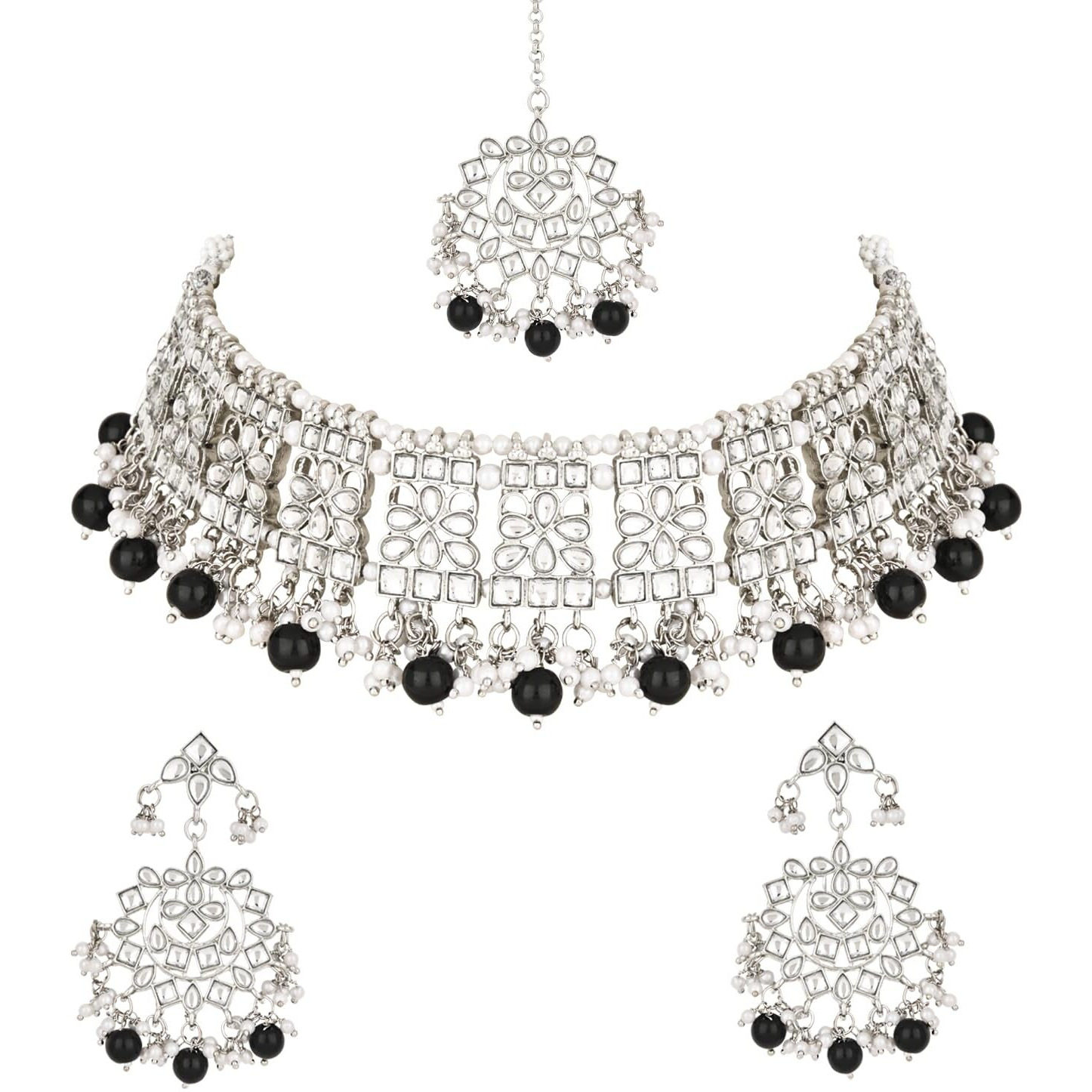 I Jewels Silver Plated Traditional Kundan & Pearl Choker Necklace Jewellery Set with Earrings & Maang Tikka For Women/Girls (K7069Z) (Black)