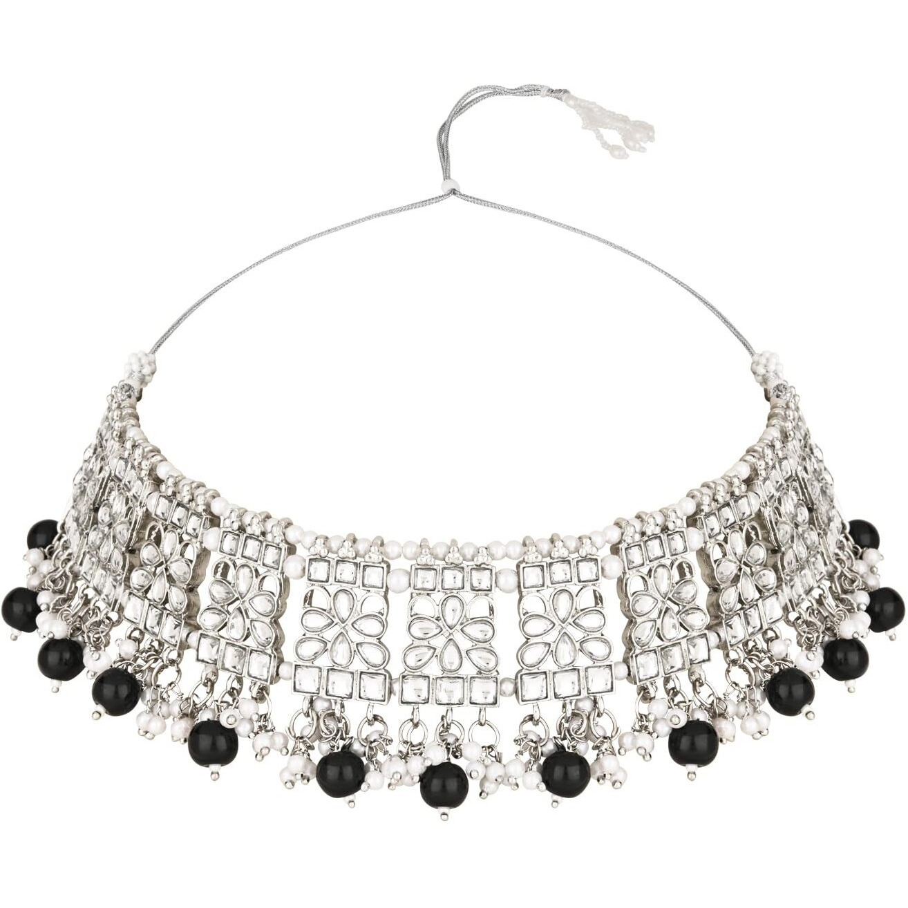 I Jewels Silver Plated Traditional Kundan & Pearl Choker Necklace Jewellery Set with Earrings & Maang Tikka For Women/Girls (K7069Z) (Black)