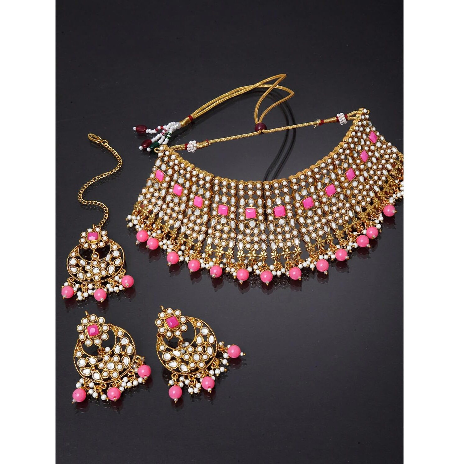 Peora Rani Padmavati Kundan Faux Pearl Choker Necklace Earrings Maang Tikka for Women Jewellery Set
