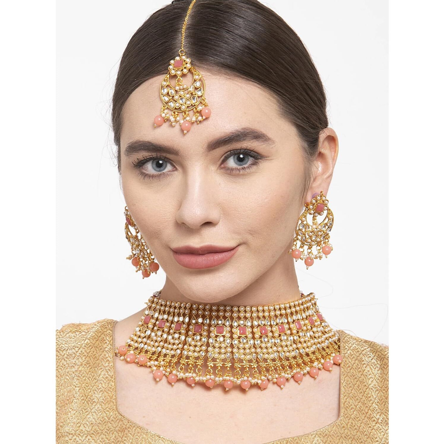 Peora Rani Padmavati Kundan Faux Pearl Choker Necklace Earrings Maang Tikka for Women Jewellery Set